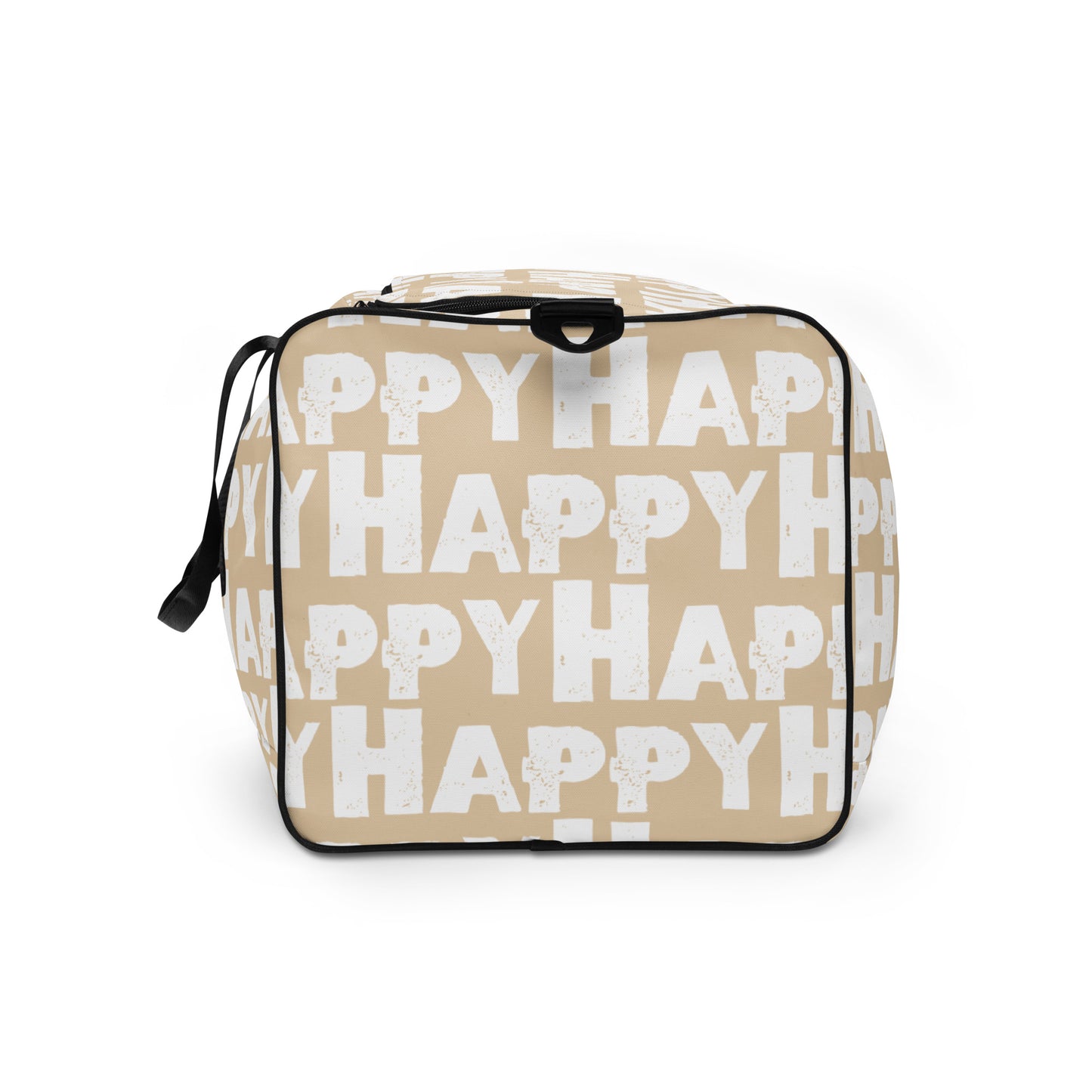 End view Duffle bag Happy sponge print black and white on beige water-resistant durable gym bag HappyStuff Brand