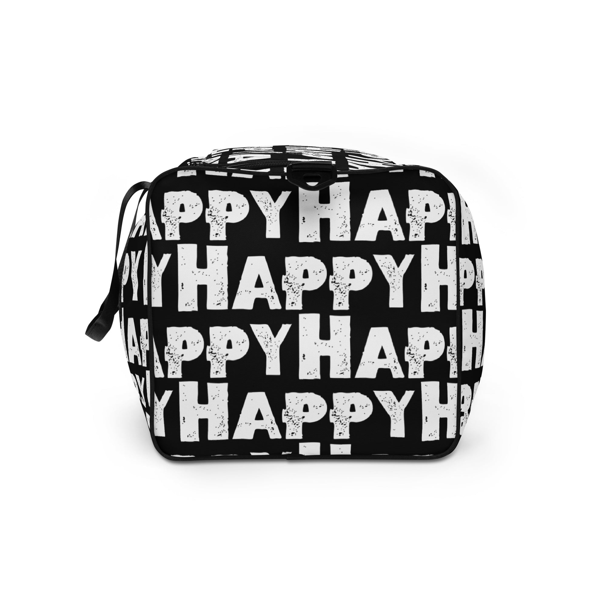 End view Duffle bag Happy sponge print black and white water-resistant durable gym bag HappyStuff Brand