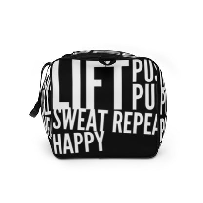 End view Duffle bag Lift Push Pull Sweat Repeat Happy all over print black and white gym bag HappyStuff Brand