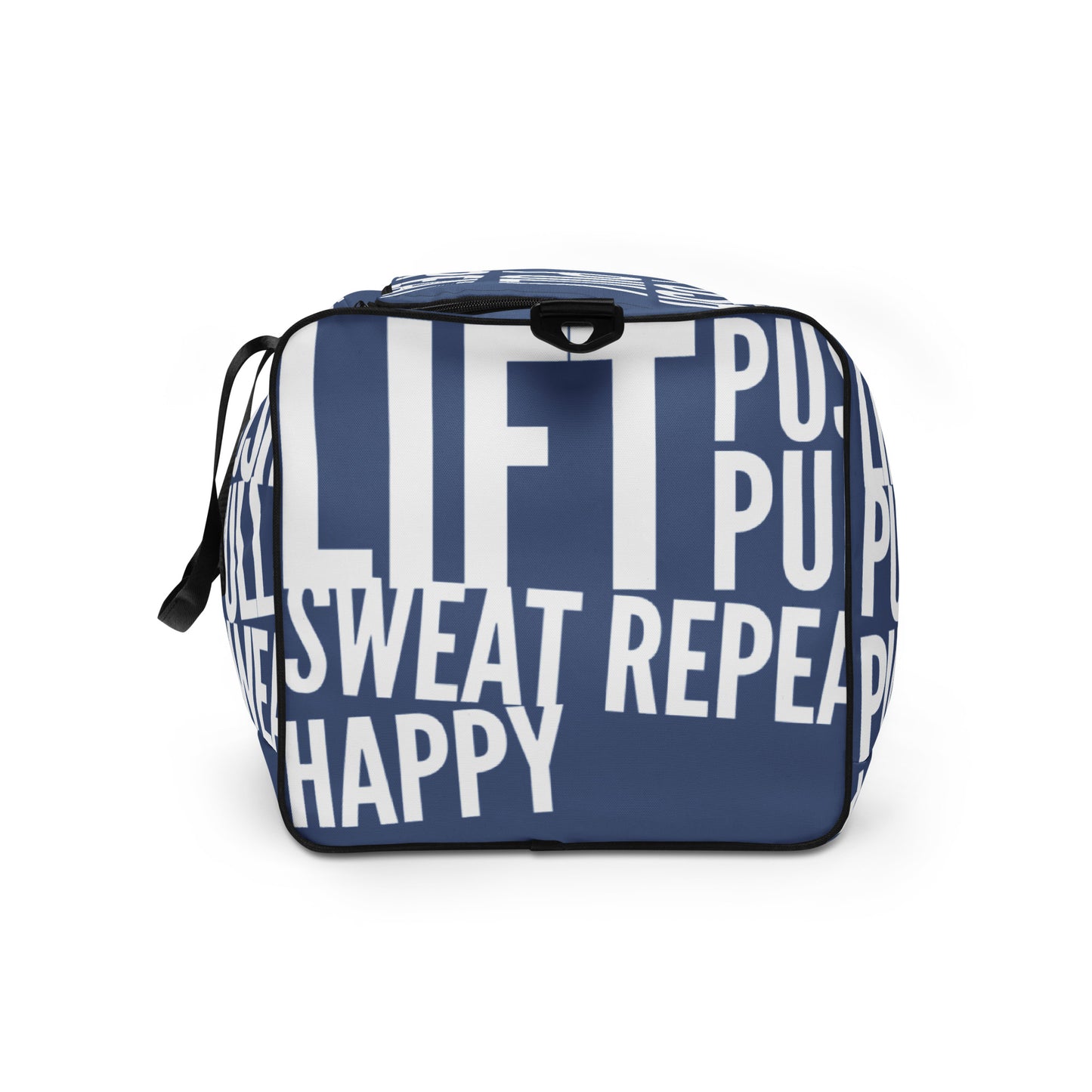 End view Duffle bag Lift Push Pull Sweat Repeat Happy all over print denim blue and white gym bag HappyStuff Brand