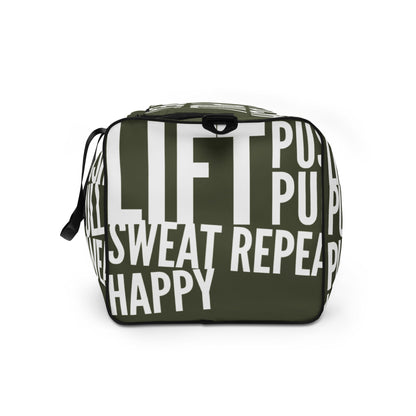 End view Duffle bag Lift Push Pull Sweat Repeat Happy all over print khaki green and white gym bag HappyStuff Brand