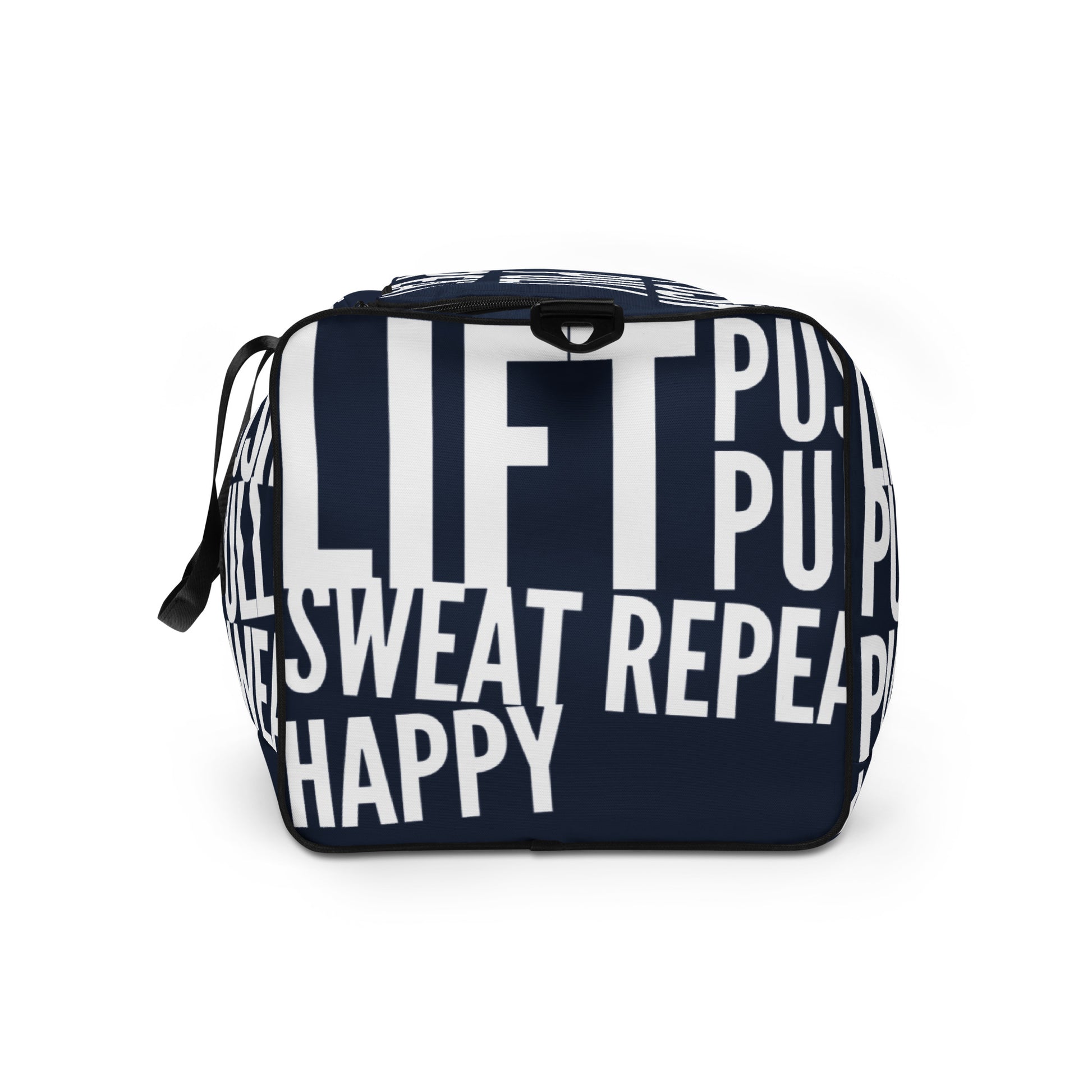 End view Duffle bag Lift Push Pull Sweat Repeat Happy all over print navy blue and white gym bag HappyStuff Brand