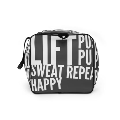 End view Duffle bag Lift Push Pull Sweat Repeat Happy all over print slate grey and white gym bag HappyStuff Brand