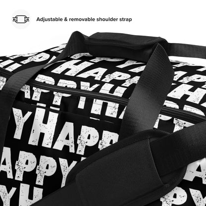 Close-up Duffle bag adjustable shoulder strap padded handles Happy sponge print black and white water-resistant durable gym bag HappyStuff Brand