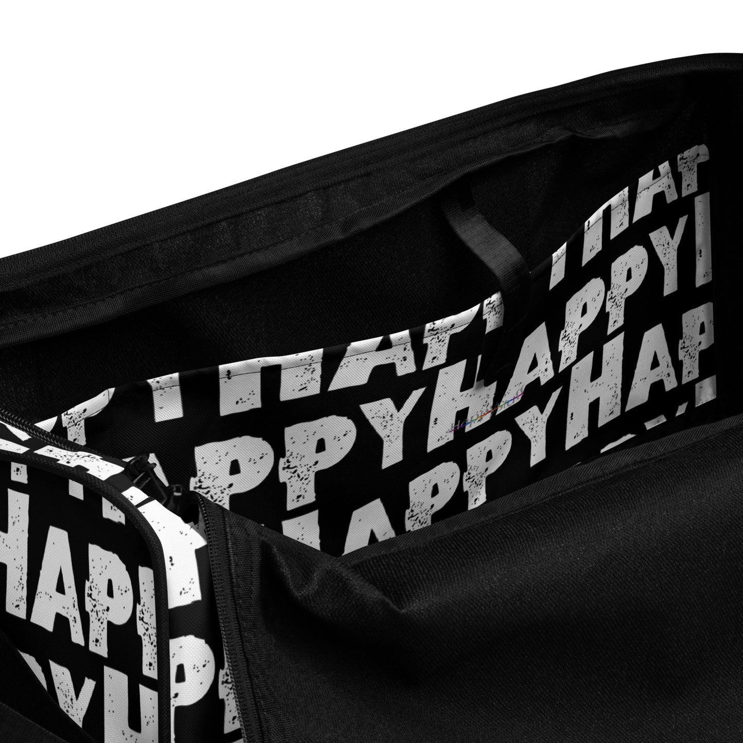 Duffle bag Happy sponge print black and white water-resistant durable gym bag view of inner pocket HappyStuff Brand