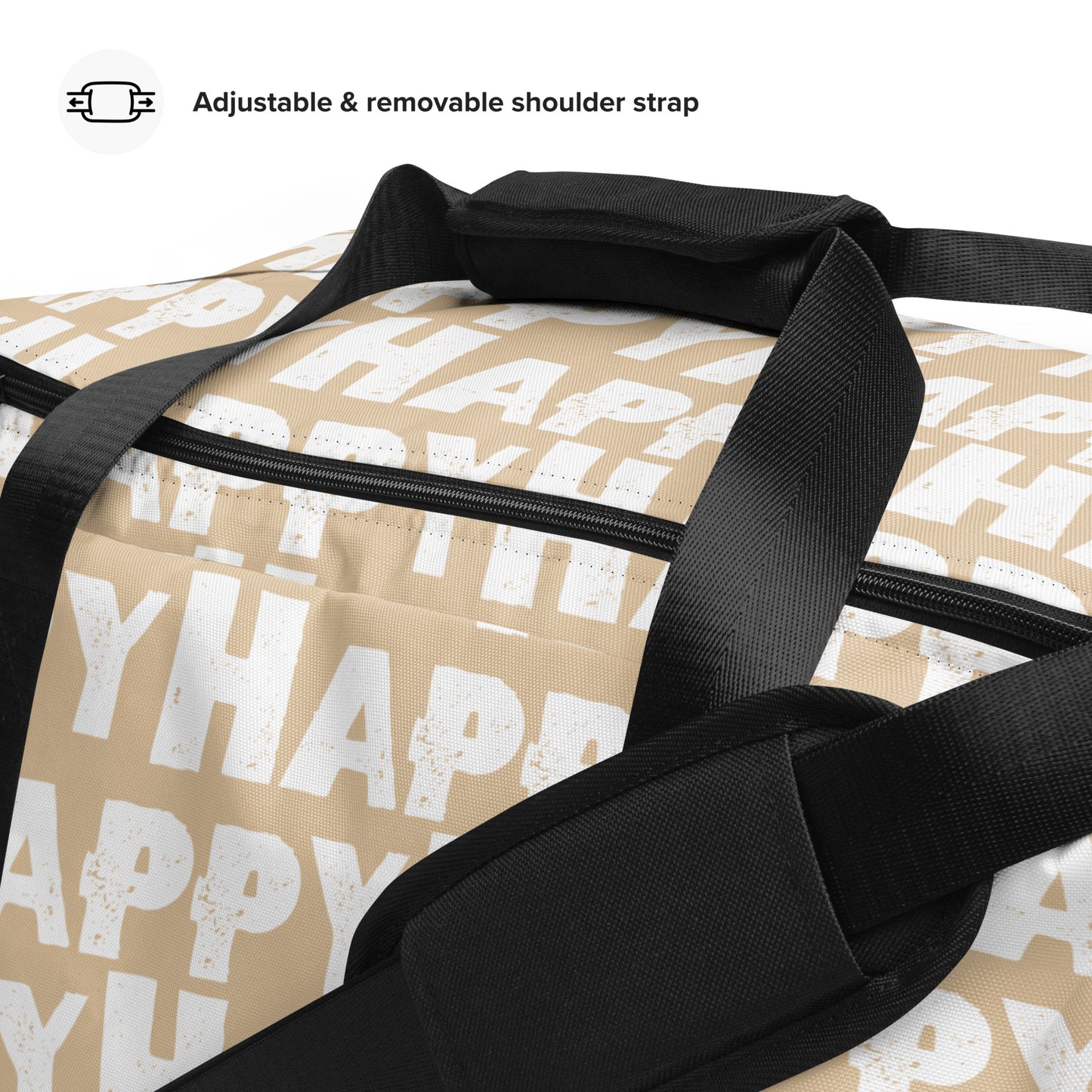 Close-up Duffle bag adjustable shoulder strap padded handles Happy sponge print black and white on beige water-resistant durable gym bag HappyStuff Brand