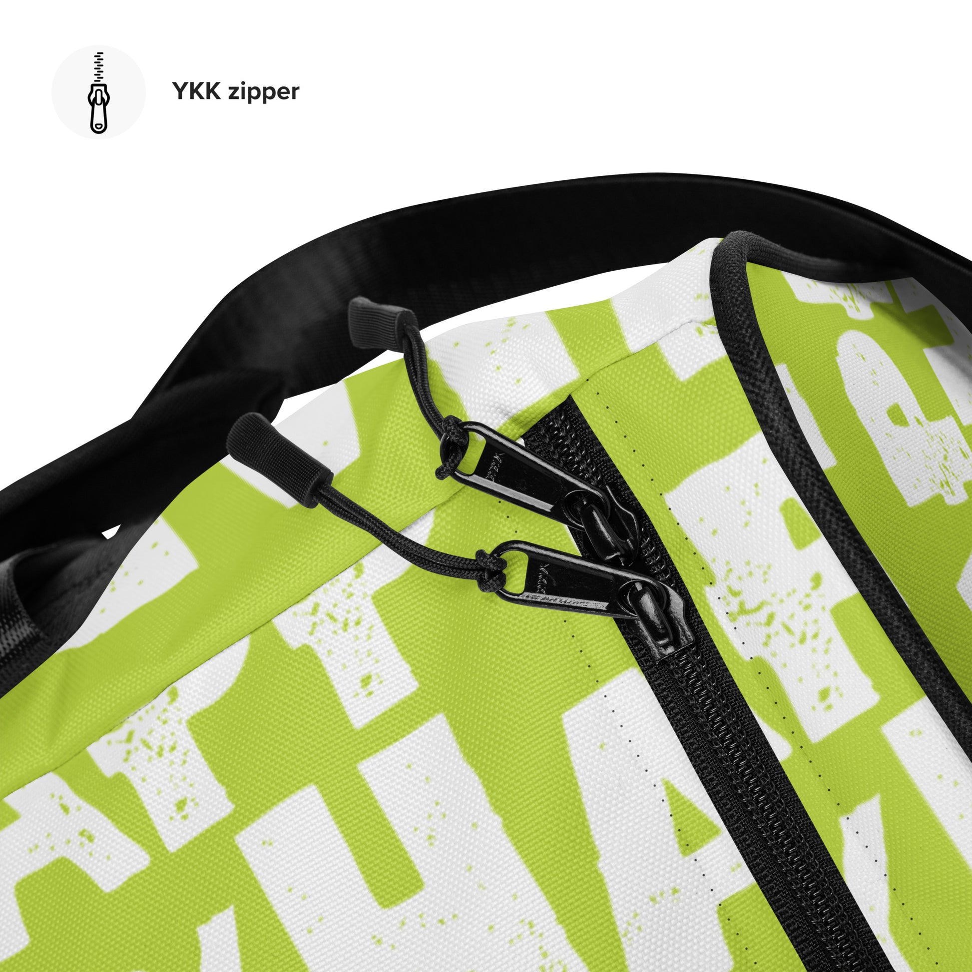 Duffle bag Happy sponge print black and white on green water-resistant durable gym bag overhead view zipper HappyStuff Brand