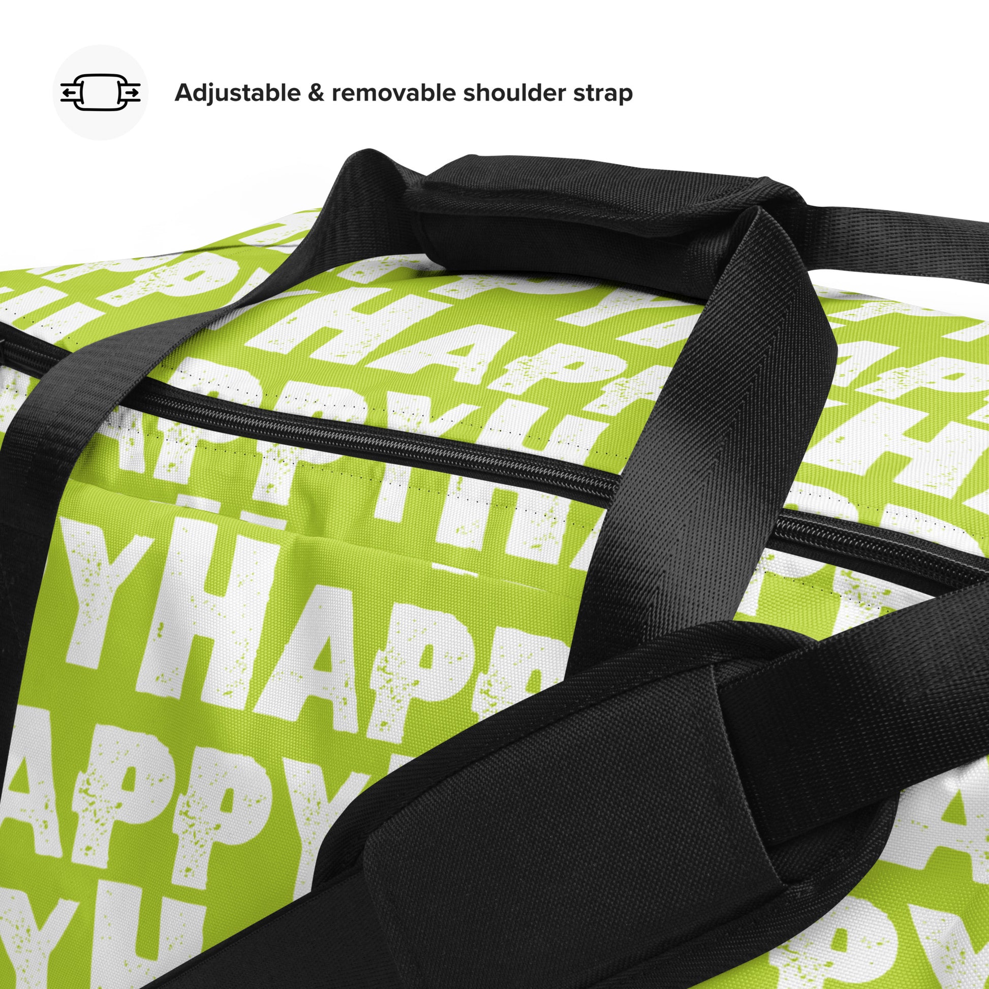 Close-up Duffle bag adjustable shoulder strap padded handles Happy sponge print black and white on green water-resistant durable gym bag HappyStuff Brand