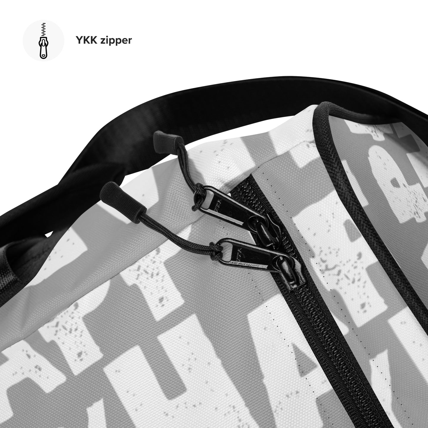 Duffle bag Happy sponge print black and white on grey water-resistant durable gym bag overhead view zipper HappyStuff Brand