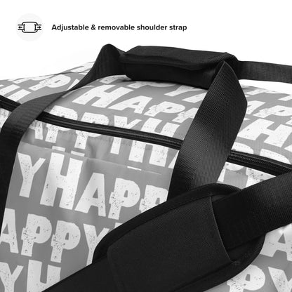 Close-up Duffle bag adjustable shoulder strap padded handles Happy sponge print black and white on grey water-resistant durable gym bag HappyStuff Brand