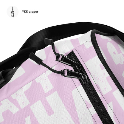 Duffle bag Happy sponge print black and white on pink water-resistant durable gym bag overhead view zipper HappyStuff Brand