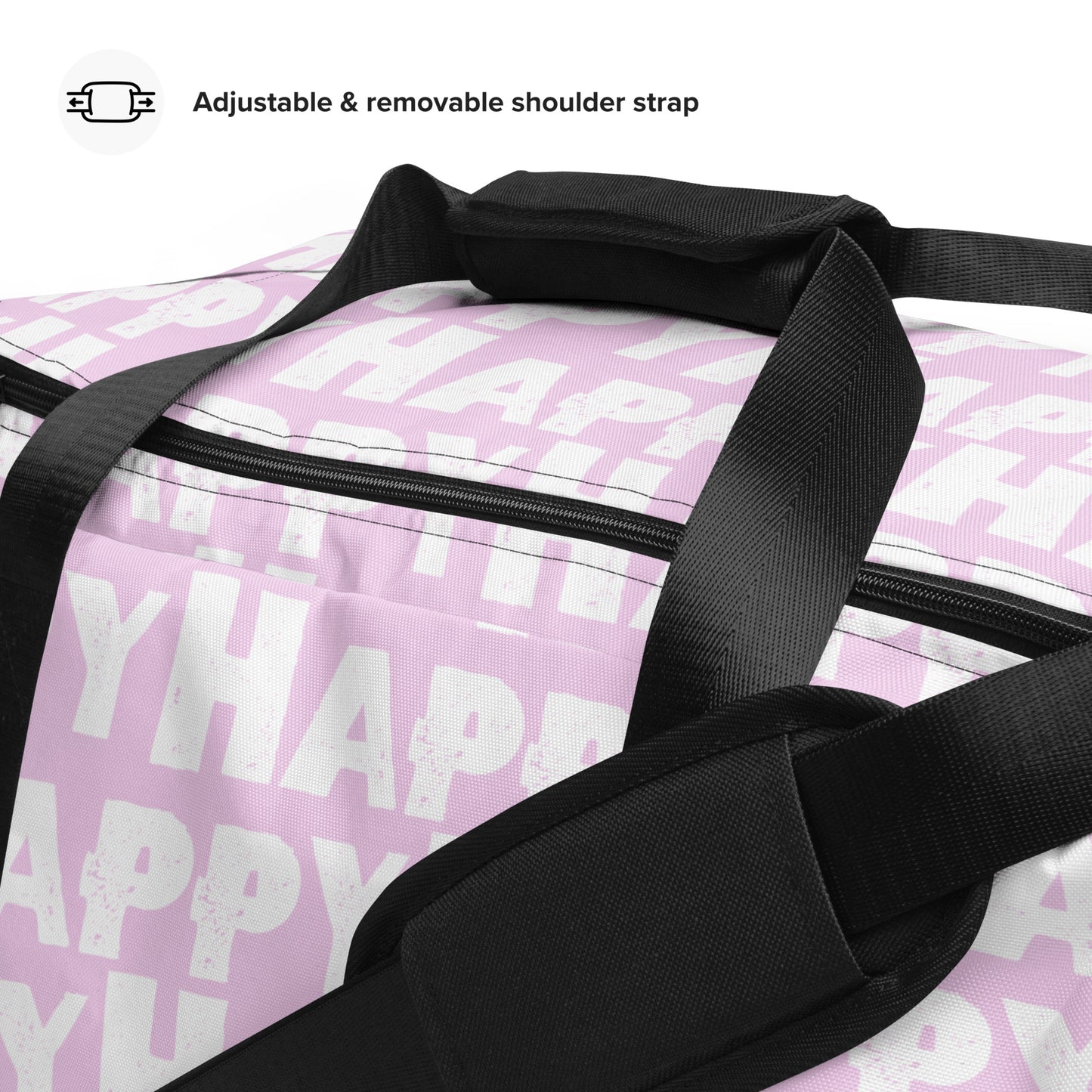 Close-up Duffle bag adjustable shoulder strap padded handles Happy sponge print black and white on pink water-resistant durable gym bag HappyStuff Brand