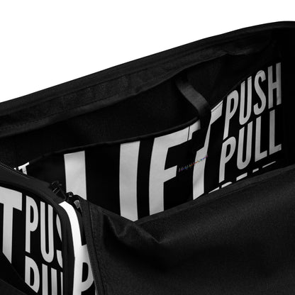 Duffle bag Lift Push Pull Sweat Repeat Happy all over print black and white gym bag view of inner pocket HappyStuff Brand