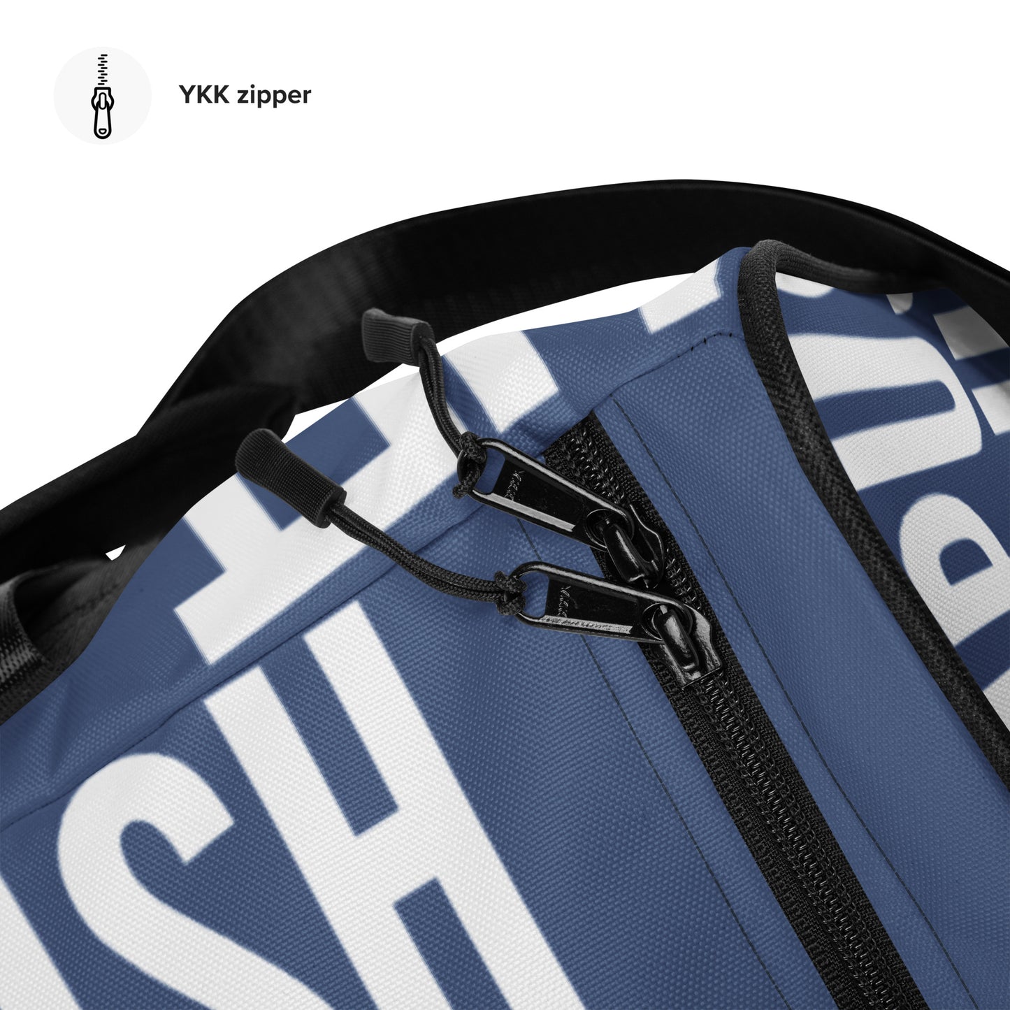 Duffle bag Lift Push Pull Sweat Repeat Happy all over print denim blue and white gym bag overhead view zipper HappyStuff Brand