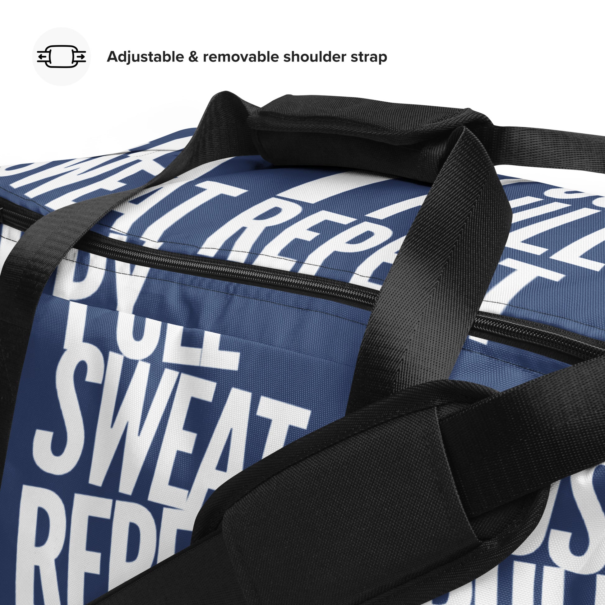 Close-up Duffle bag adjustable shoulder strap padded handles Lift Push Pull Sweat Repeat Happy all over print denim blue and white gym bag HappyStuff Brand