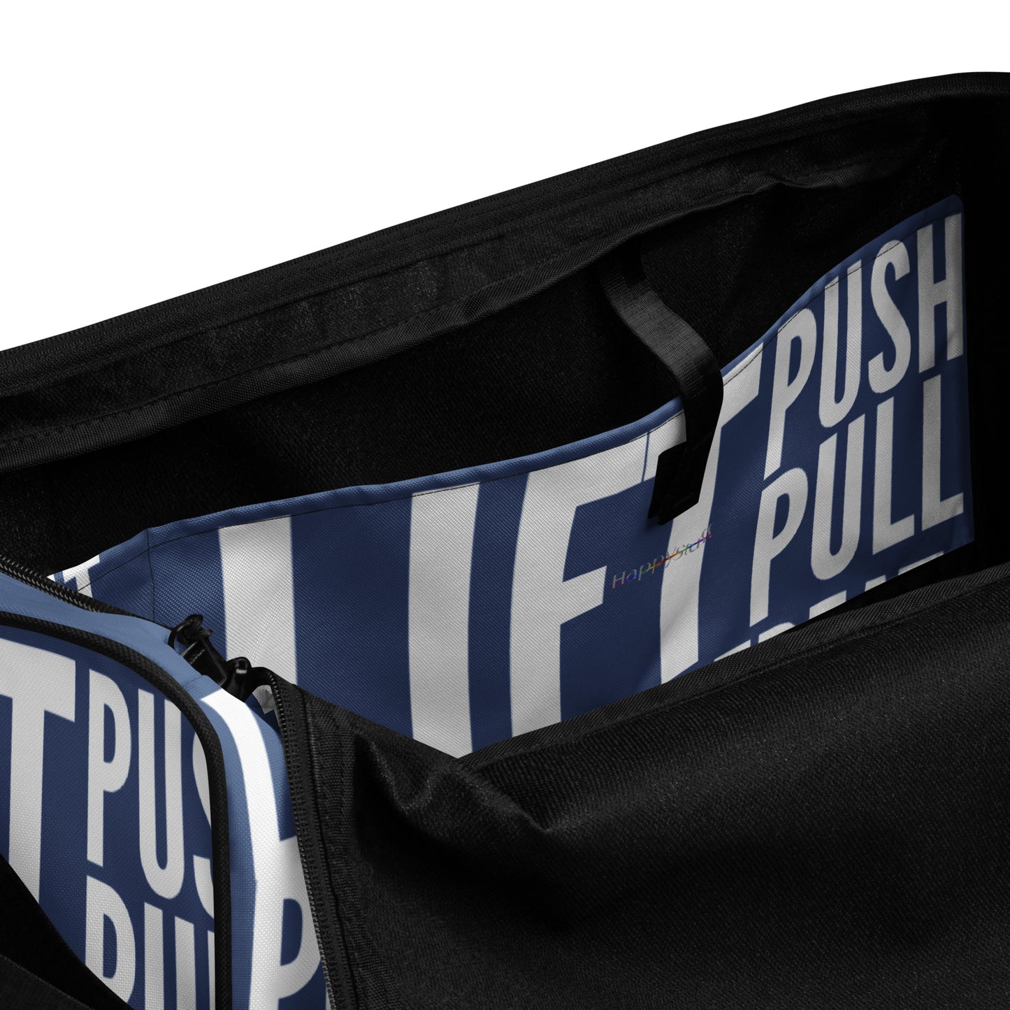 Duffle bag Lift Push Pull Sweat Repeat Happy all over print denim blue and white gym bag view of inner pocket HappyStuff Brand