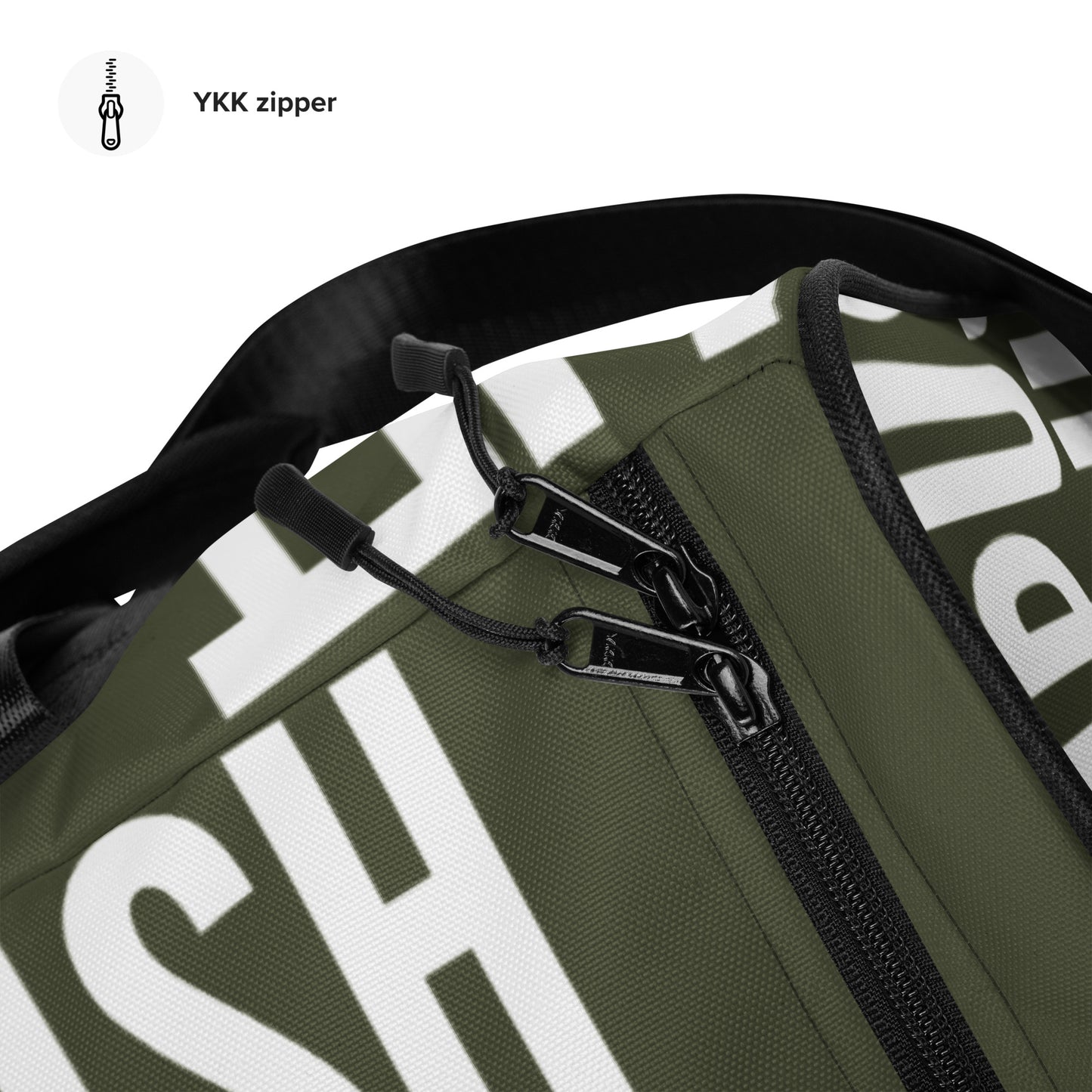 Duffle bag Lift Push Pull Sweat Repeat Happy all over print khaki green and white gym bag overhead view zipper HappyStuff Brand