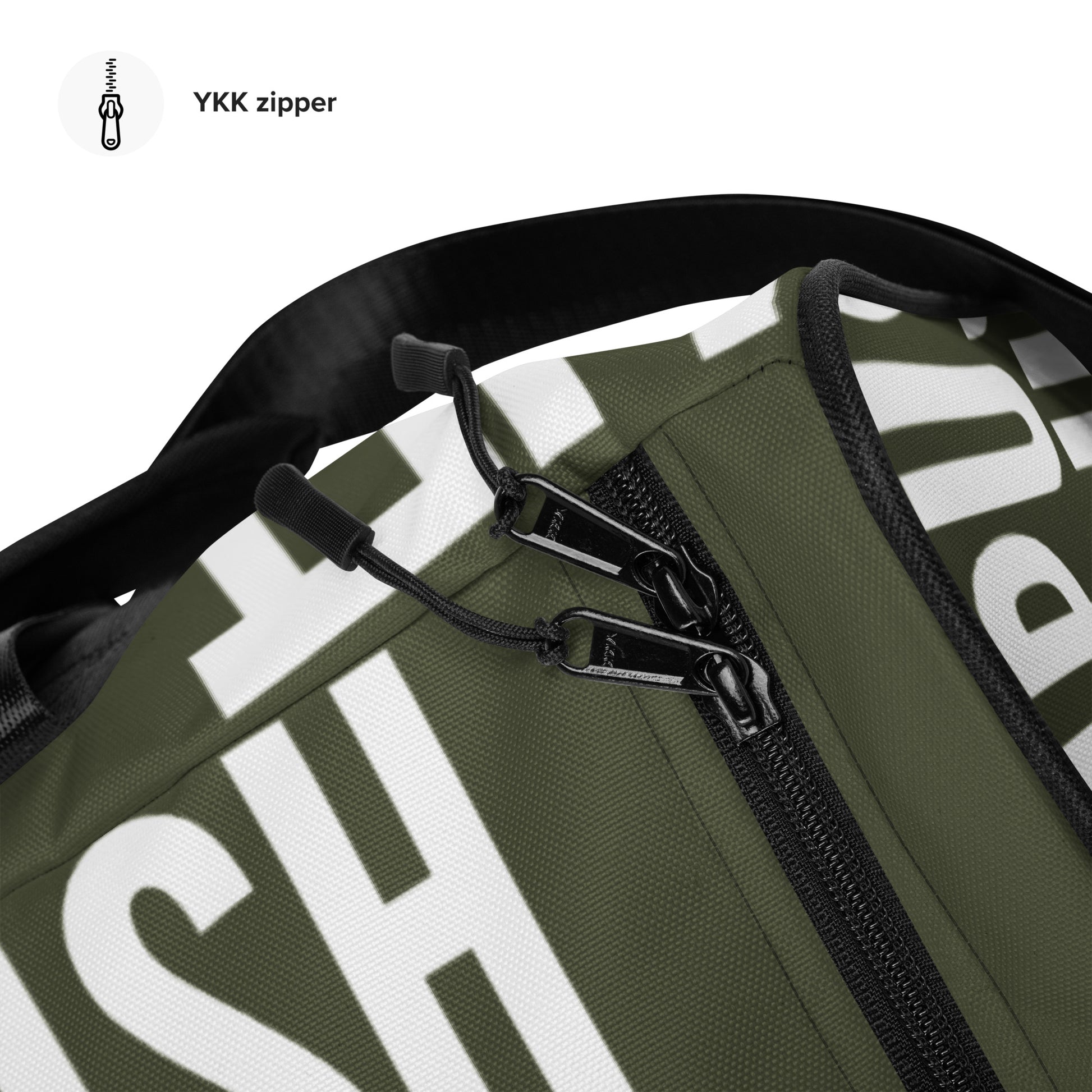 Duffle bag Lift Push Pull Sweat Repeat Happy all over print khaki green and white gym bag overhead view zipper HappyStuff Brand