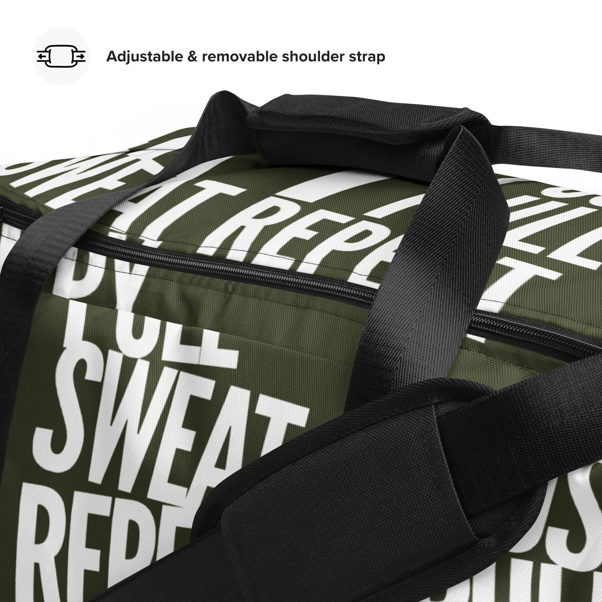 Close-up Duffle bag adjustable shoulder strap padded handles Lift Push Pull Sweat Repeat Happy all over print khaki green and white gym bag HappyStuff Brand