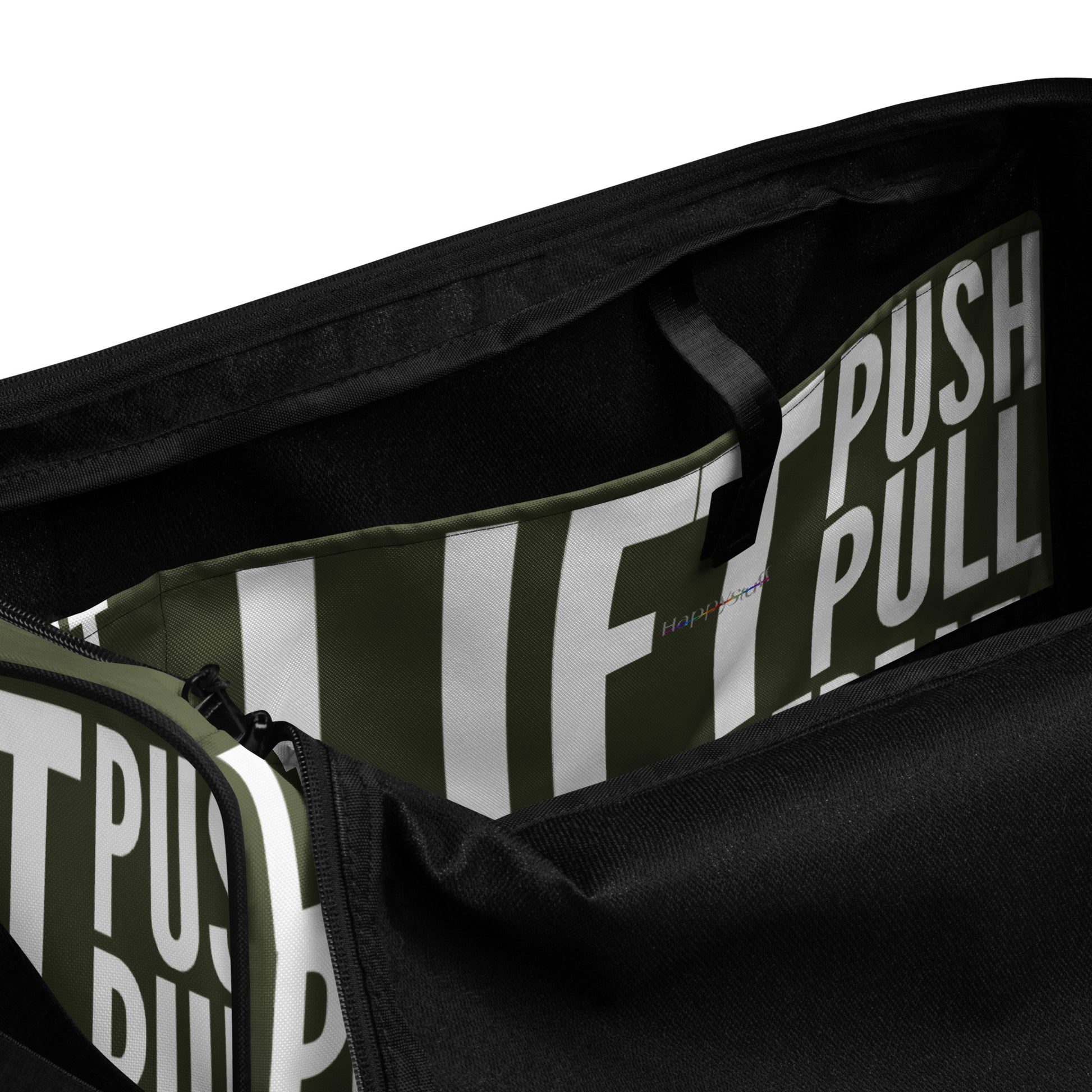 Duffle bag Lift Push Pull Sweat Repeat Happy all over print khaki green and white gym bag view of inner pocket HappyStuff Brand