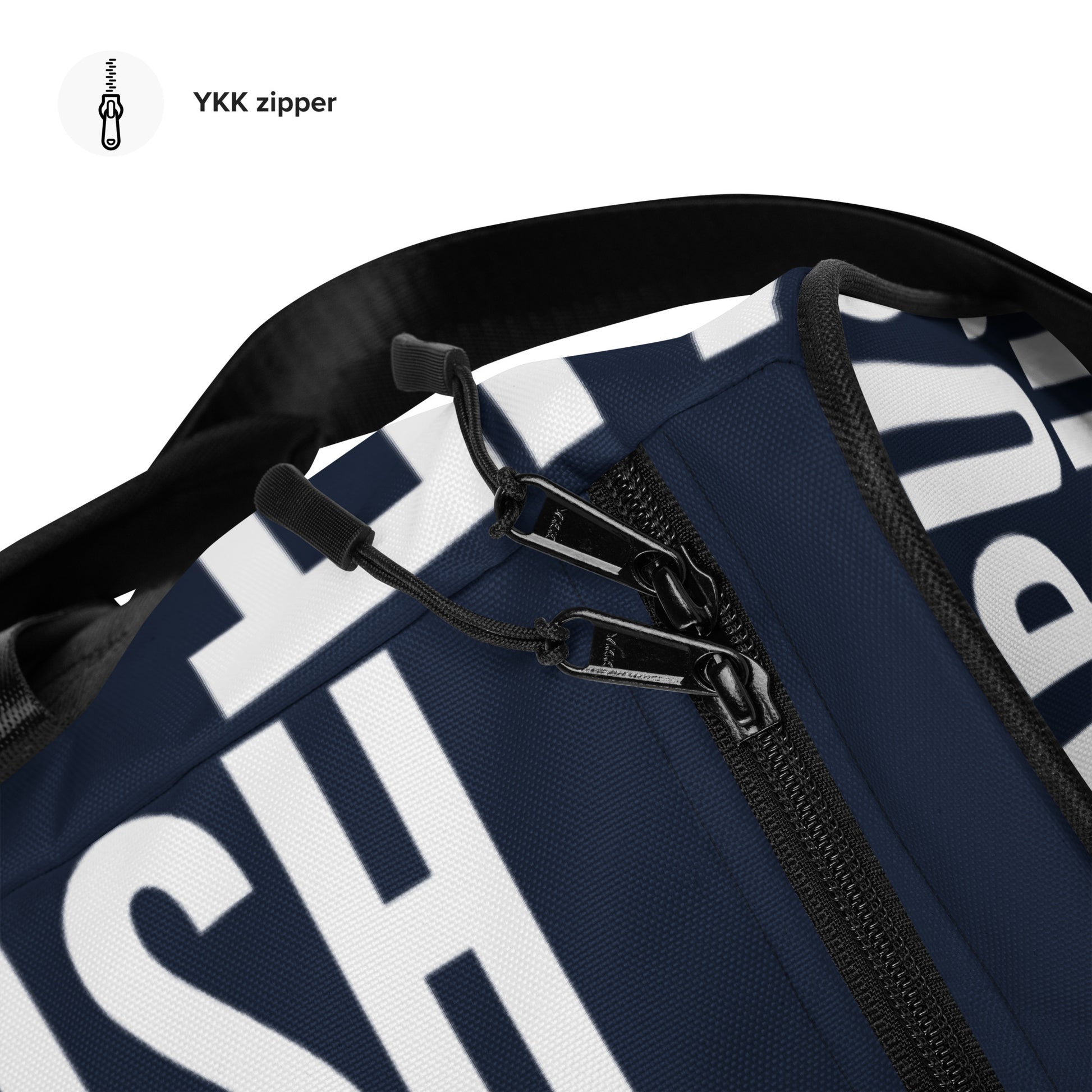 Duffle bag Lift Push Pull Sweat Repeat Happy all over print navy blue and white gym bag overhead view zipper HappyStuff Brand