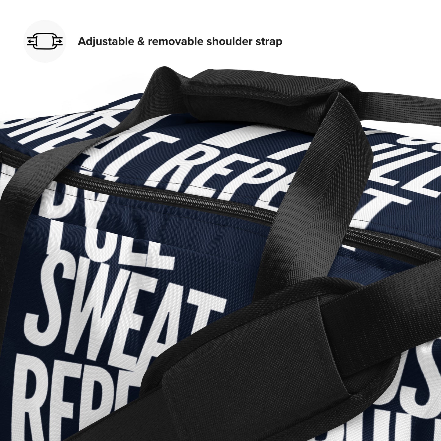 Close-up Duffle bag adjustable shoulder strap padded handles Lift Push Pull Sweat Repeat Happy all over print navy blue and white gym bag HappyStuff Brand