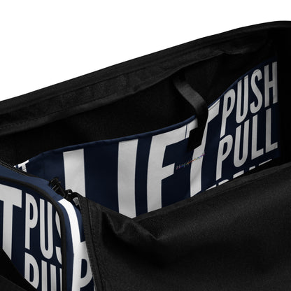 Duffle bag Lift Push Pull Sweat Repeat Happy all over print navy blue and white gym bag view of inner pocket HappyStuff Brand