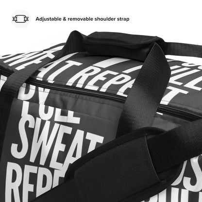 Close-up Duffle bag adjustable shoulder strap padded handles Lift Push Pull Sweat Repeat Happy all over print slate grey and white gym bag HappyStuff Brand