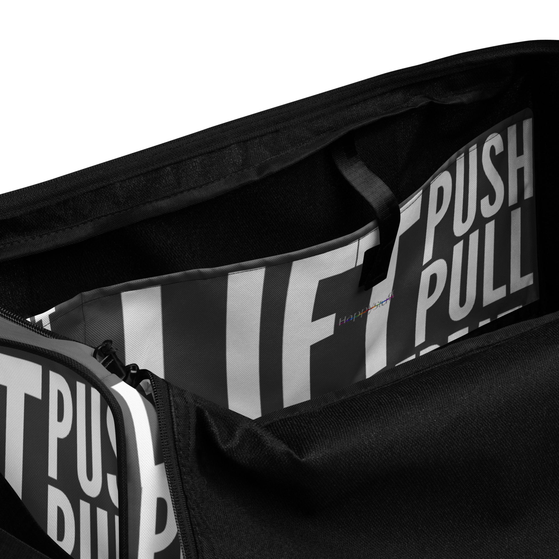 Duffle bag Lift Push Pull Sweat Repeat Happy all over print slate grey and white gym bag view of inner pocket HappyStuff Brand