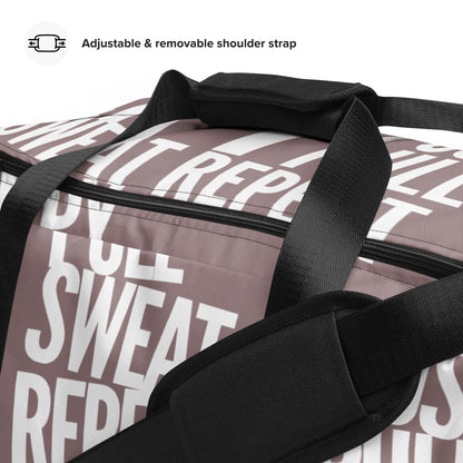 Close-up Duffle bag adjustable shoulder strap padded handles Lift Push Pull Sweat Repeat Happy all over print taupe and white gym bag HappyStuff Brand