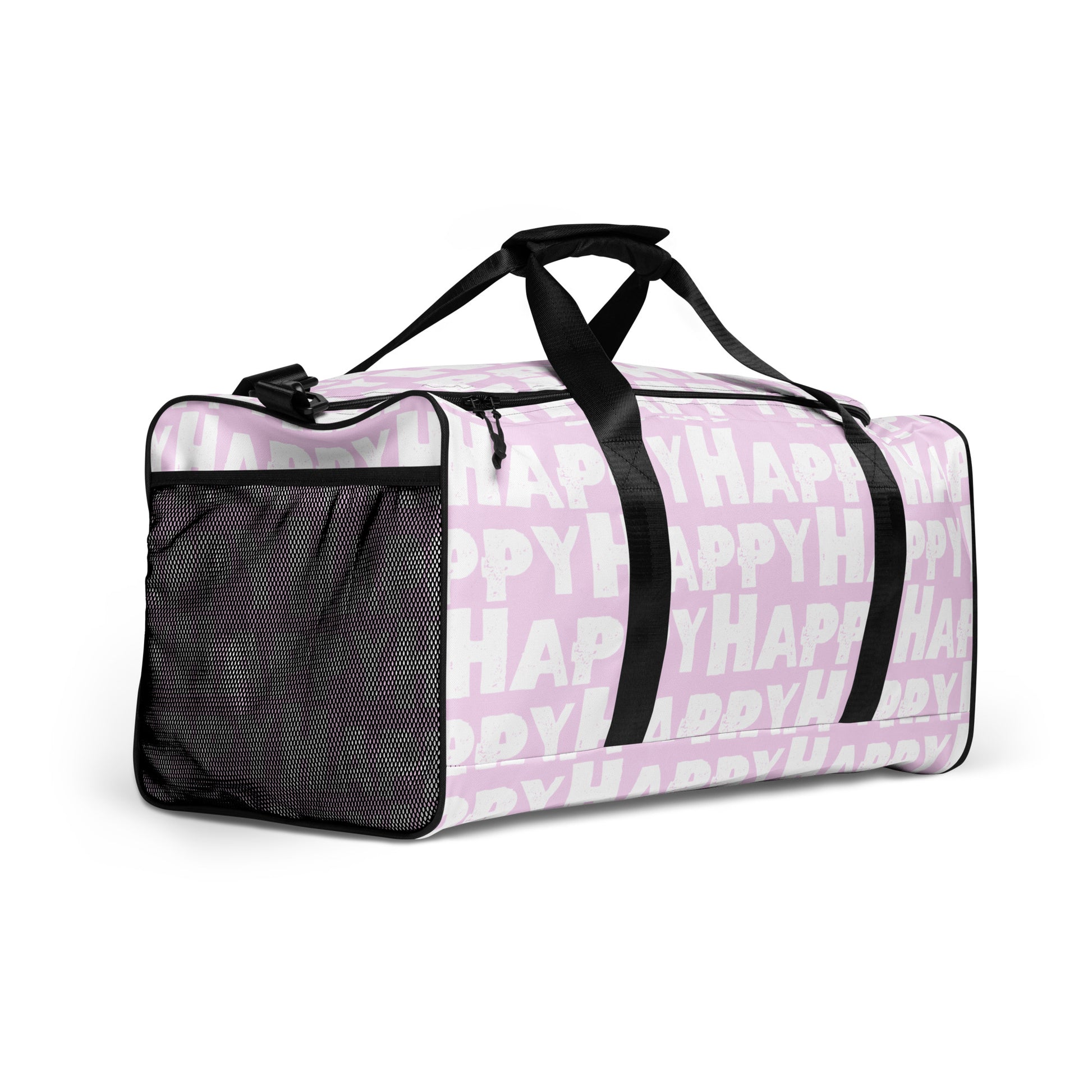 Duffle bag Happy sponge print black and white on pink water-resistant durable gym bag mesh outer pocket padded handles side angle HappyStuff Brand