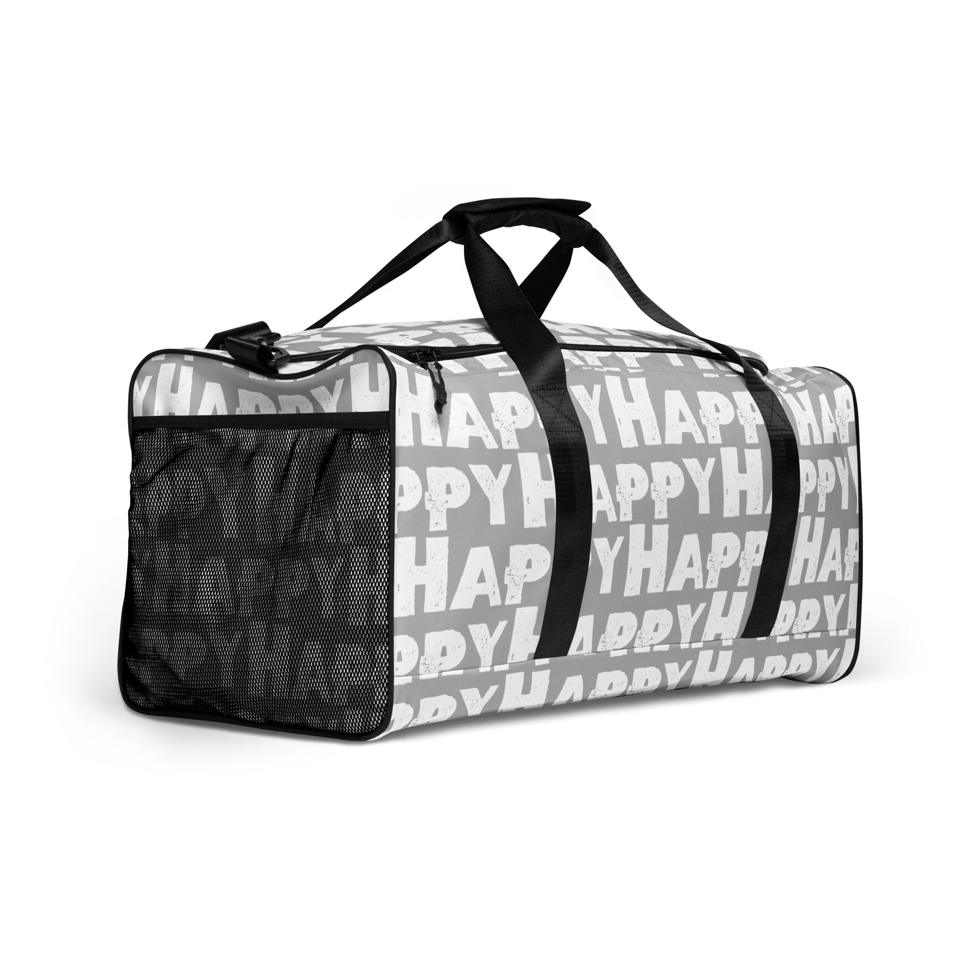 Duffle bag Happy sponge print black and white on grey water-resistant durable gym bag mesh outer pocket padded handles side angle HappyStuff Brand