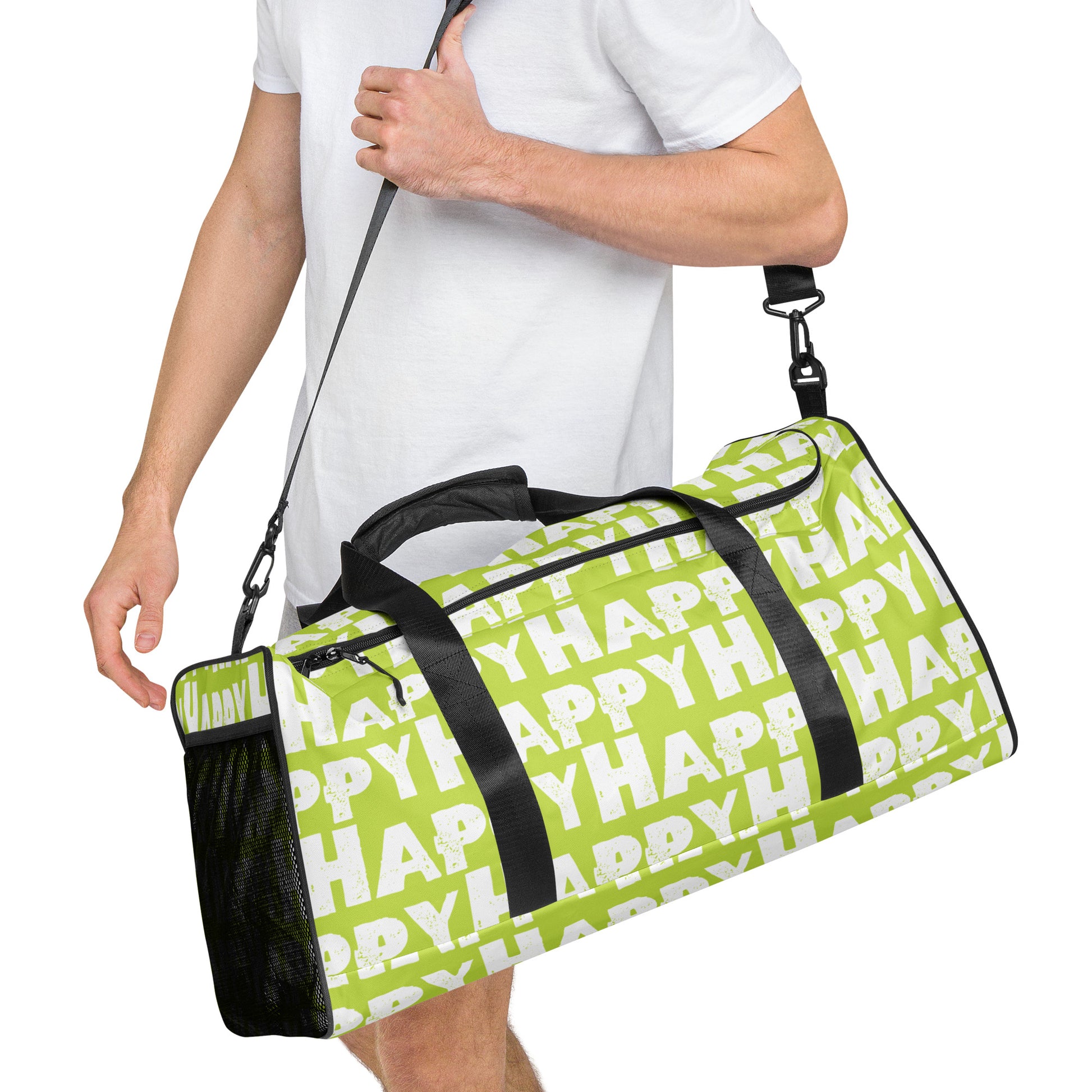 Duffle bag Happy sponge print black and white on green water-resistant durable gym bag HappyStuff Brand Side view hanging on mans left shoulder