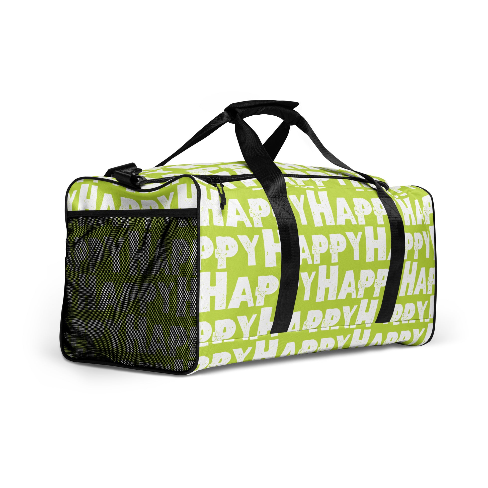 Duffle bag Happy sponge print black and white on green water-resistant durable gym bag adjustable shoulder strap padded handles HappyStuff Brand