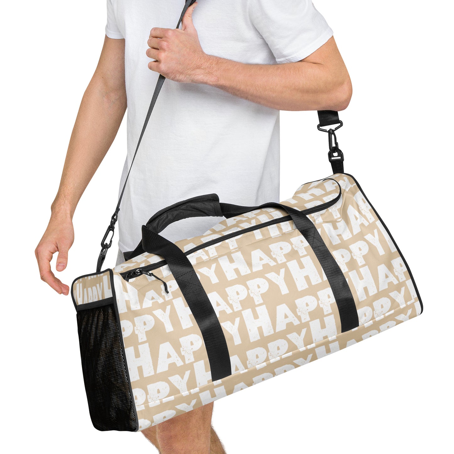 Duffle bag Happy sponge print black and white on beige water-resistant durable gym bag HappyStuff Brand Side view hanging on mans left shoulder