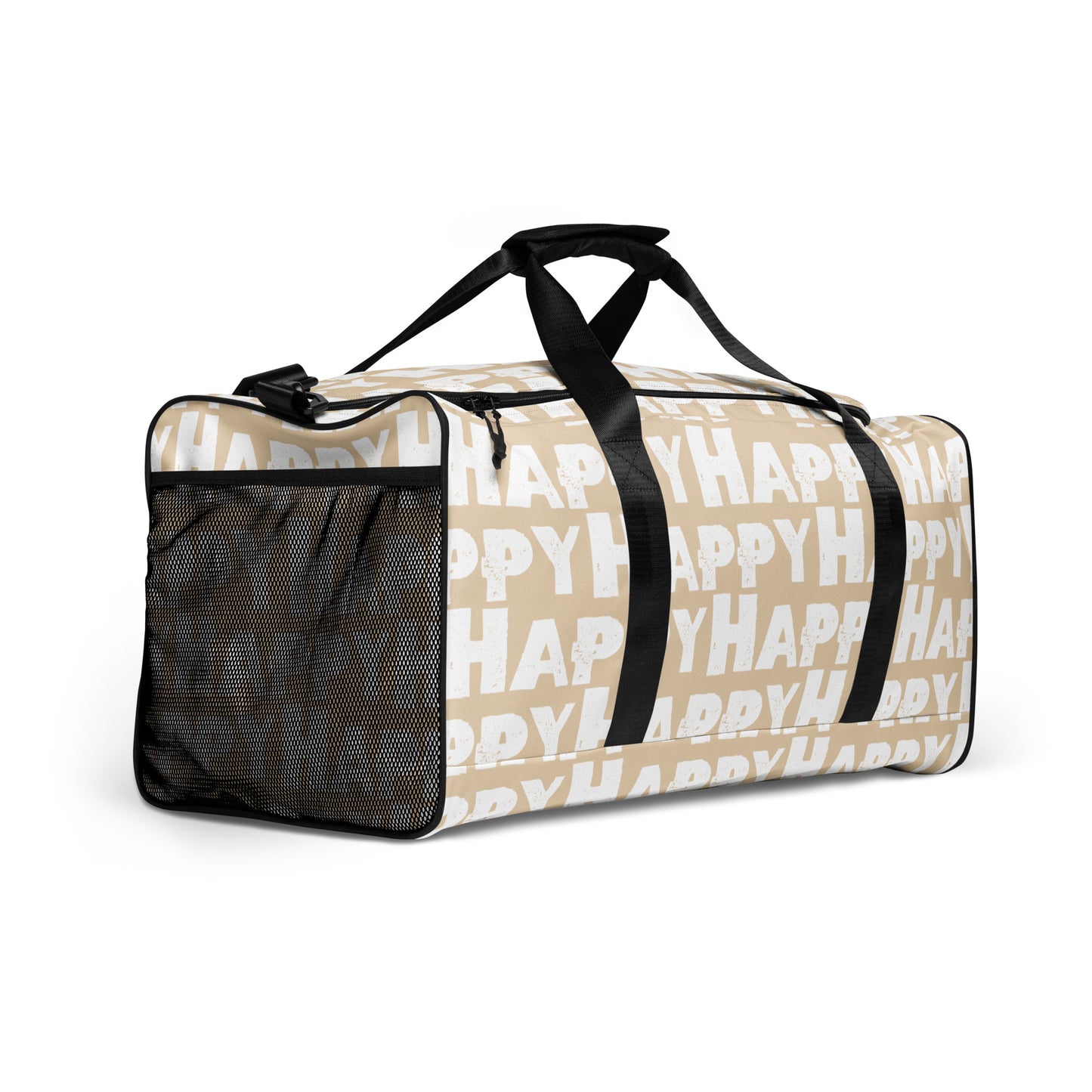 Duffle bag Happy sponge print black and white on beige water-resistant durable gym bag mesh outer pocket padded handles side angle HappyStuff Brand