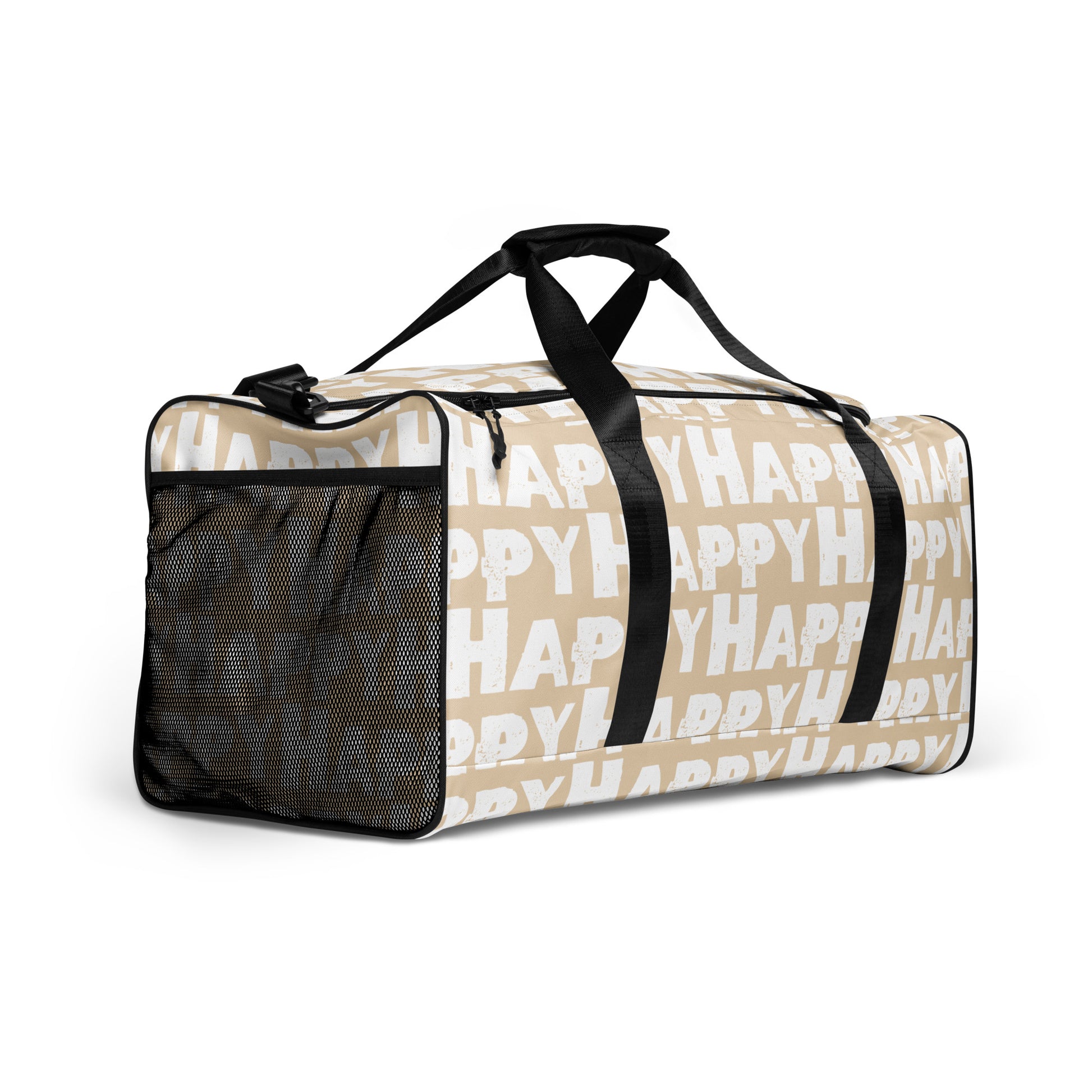 Duffle bag Happy sponge print black and white on beige water-resistant durable gym bag mesh outer pocket padded handles side angle HappyStuff Brand