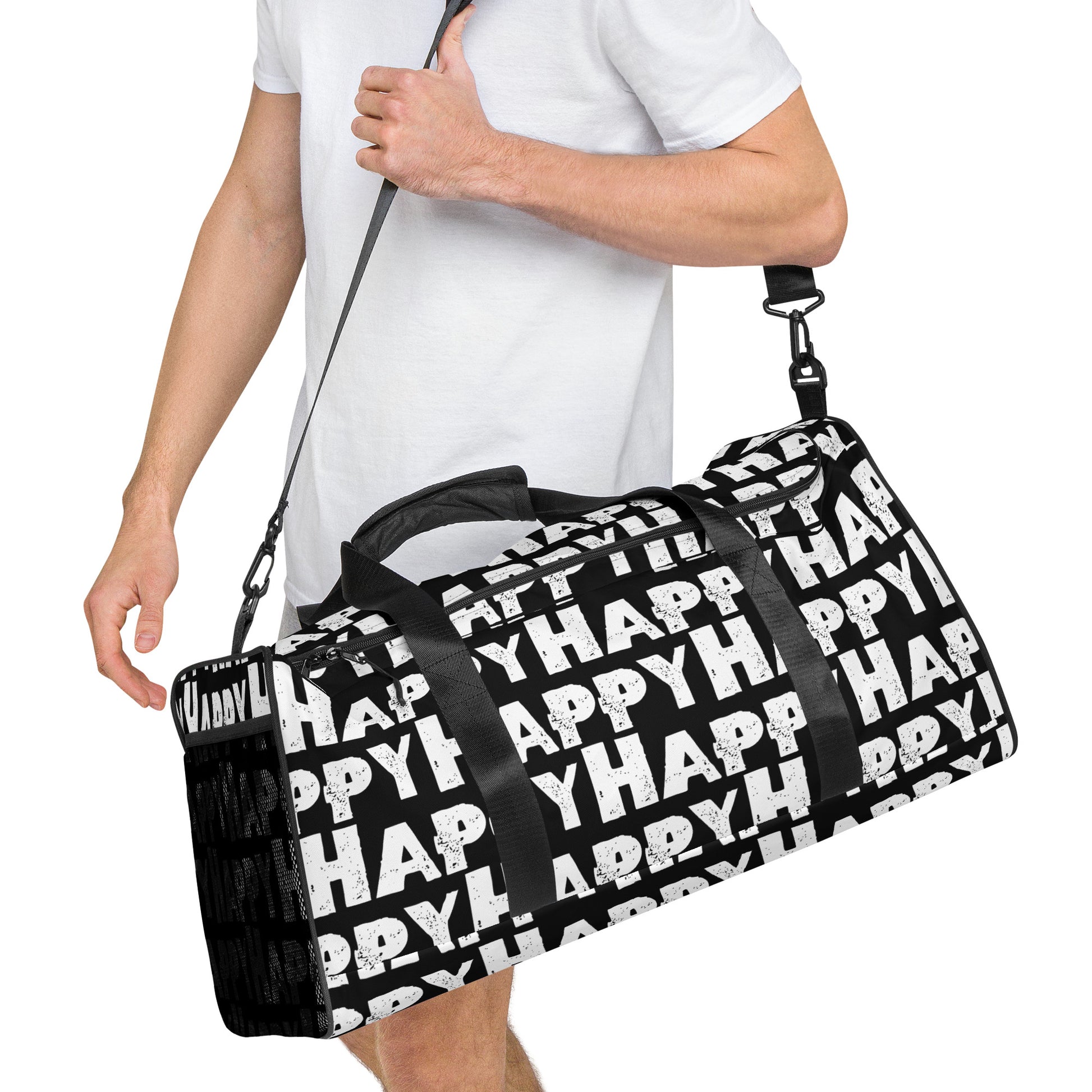 Duffle bag  Happy sponge print black and white water-resistant durable gym bag HappyStuff Brand Side view hanging on mans left shoulder