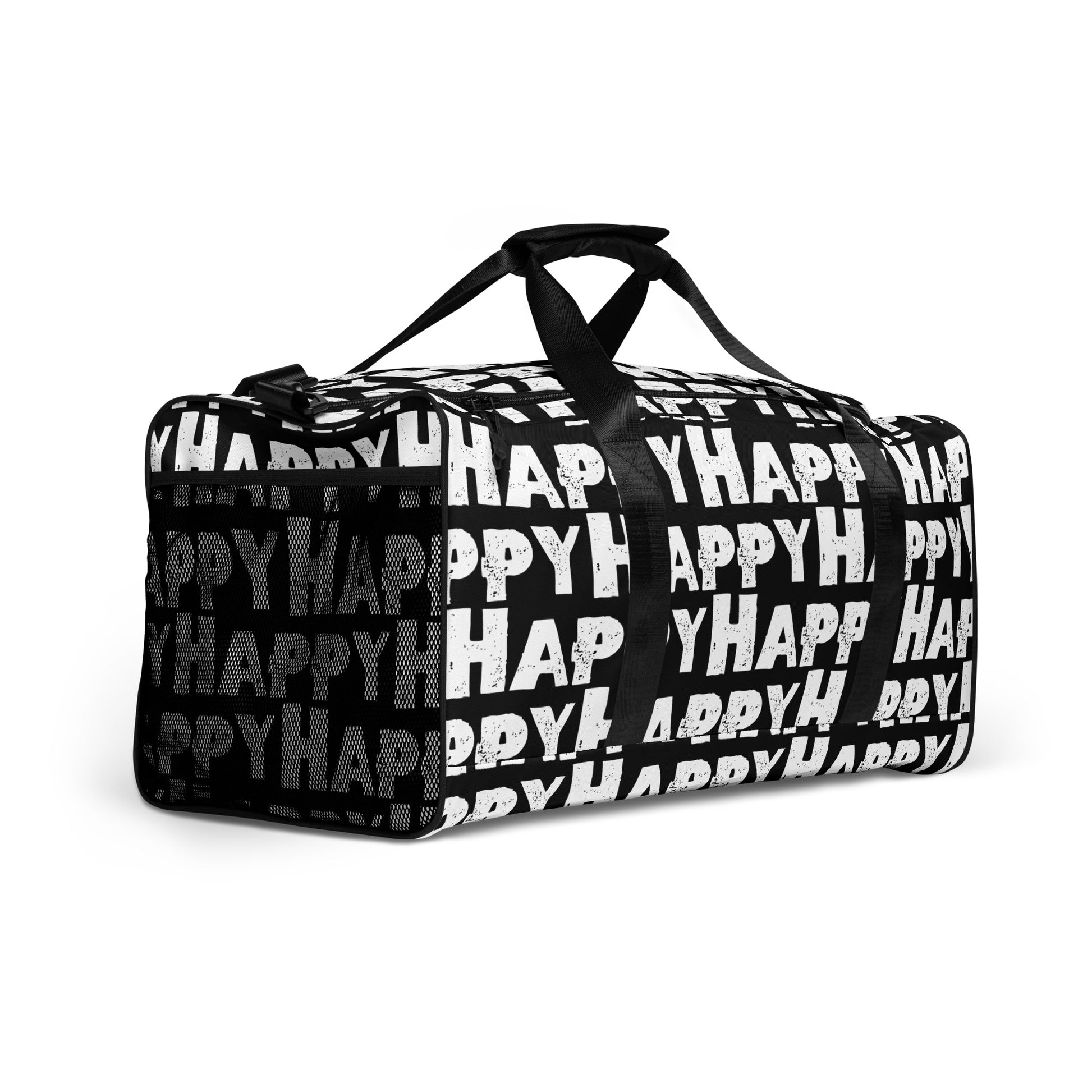 Duffle bag  Happy sponge print black and white water-resistant durable   gym bag mesh outer pocket padded handles side angle HappyStuff Brand