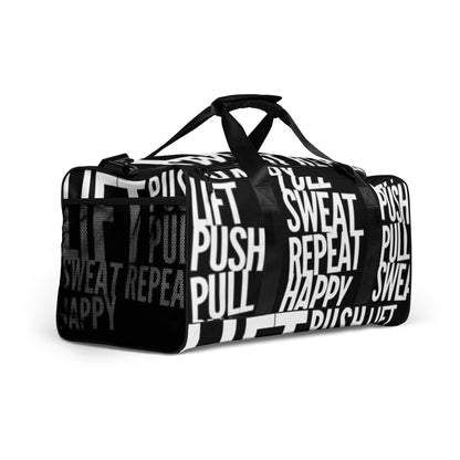 Duffle bag Lift Push Pull Sweat Repeat Happy all over print black and white gym bag mesh outer pocket padded handles side angle HappyStuff Brand