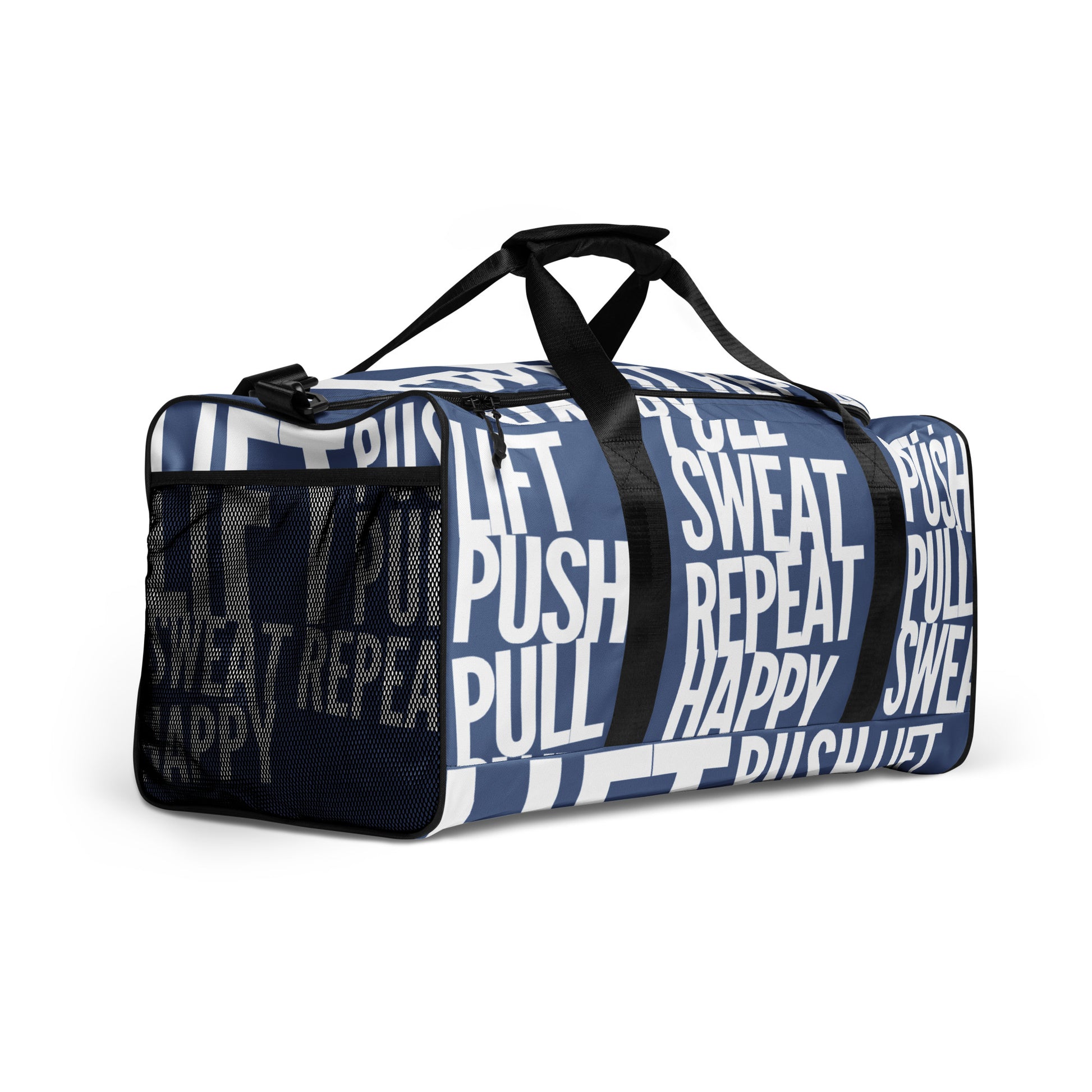 Duffle bag Lift Push Pull Sweat Repeat Happy all over print denim blue and white gym bag mesh outer pocket padded handles side angle HappyStuff Brand