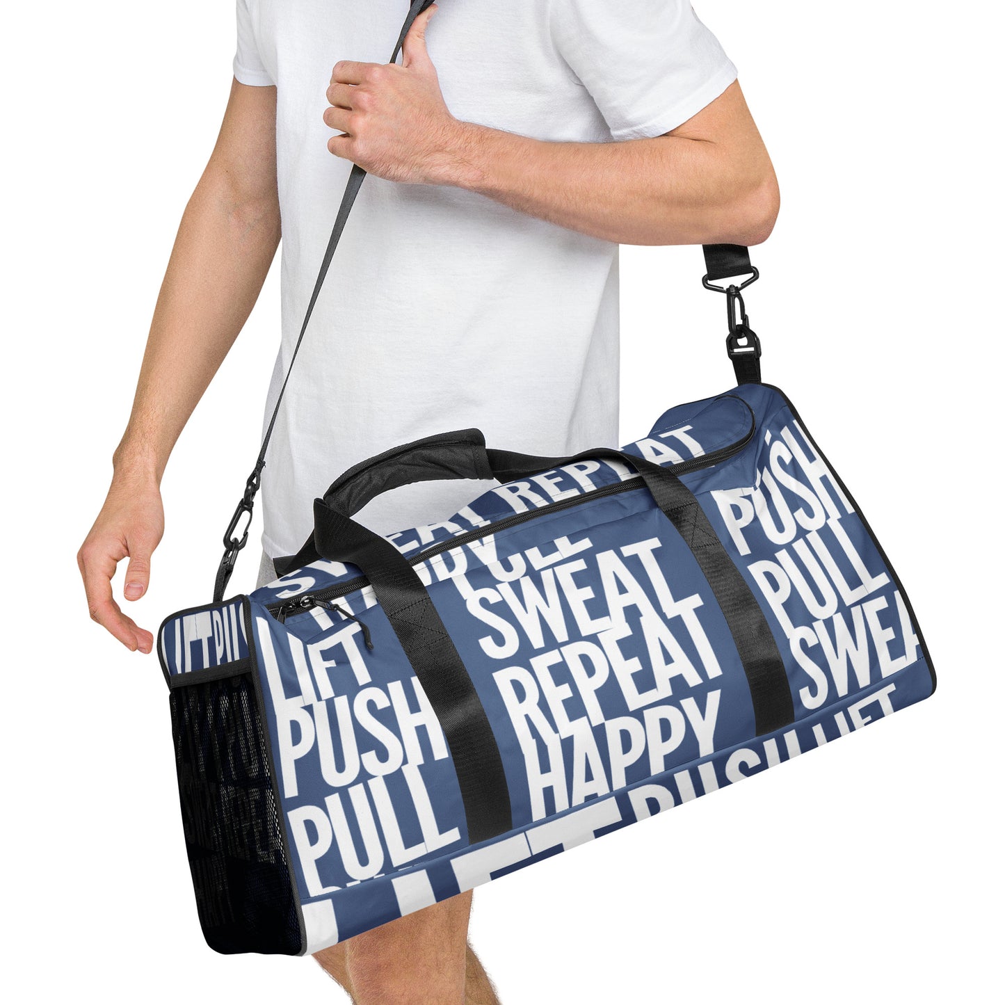 Duffle bag Lift Push Pull Sweat Repeat Happy all over print in denim blue with white gym bag HappyStuff Brand Side view hanging on mans left shoulder