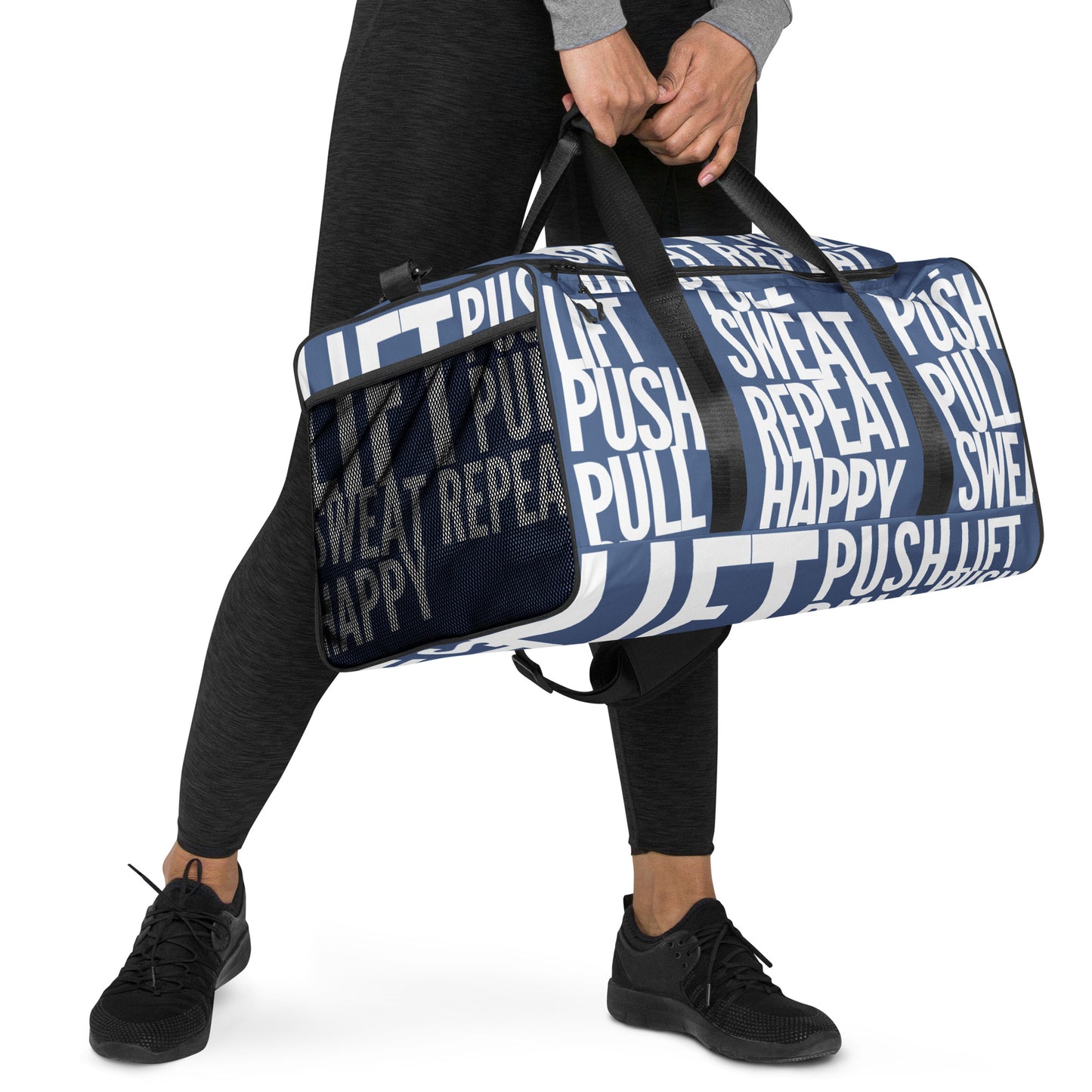 Hands carrying Duffle bag Lift Push Pull Sweat Repeat Happy all over print denim blue and white gym bag padded handles HappyStuff Brand