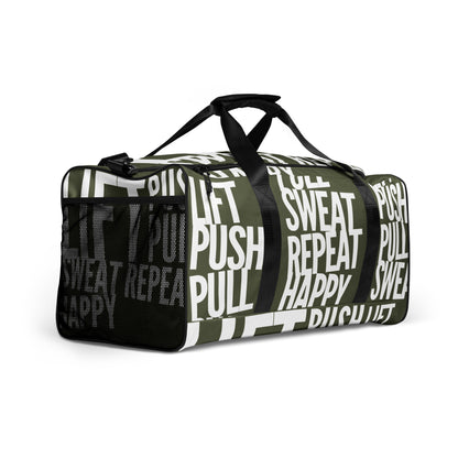 Duffle bag Lift Push Pull Sweat Repeat Happy all over print khaki green and white gym bag mesh outer pocket padded handles side angle HappyStuff Brand