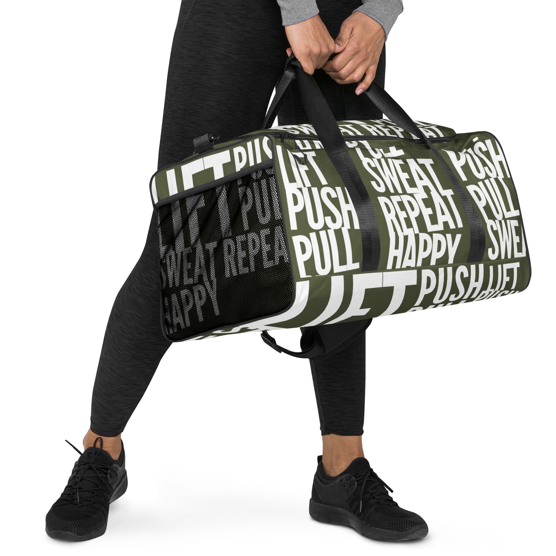 Hands carrying Duffle bag Lift Push Pull Sweat Repeat Happy all over print khaki green and white gym bag padded handles HappyStuff Brand