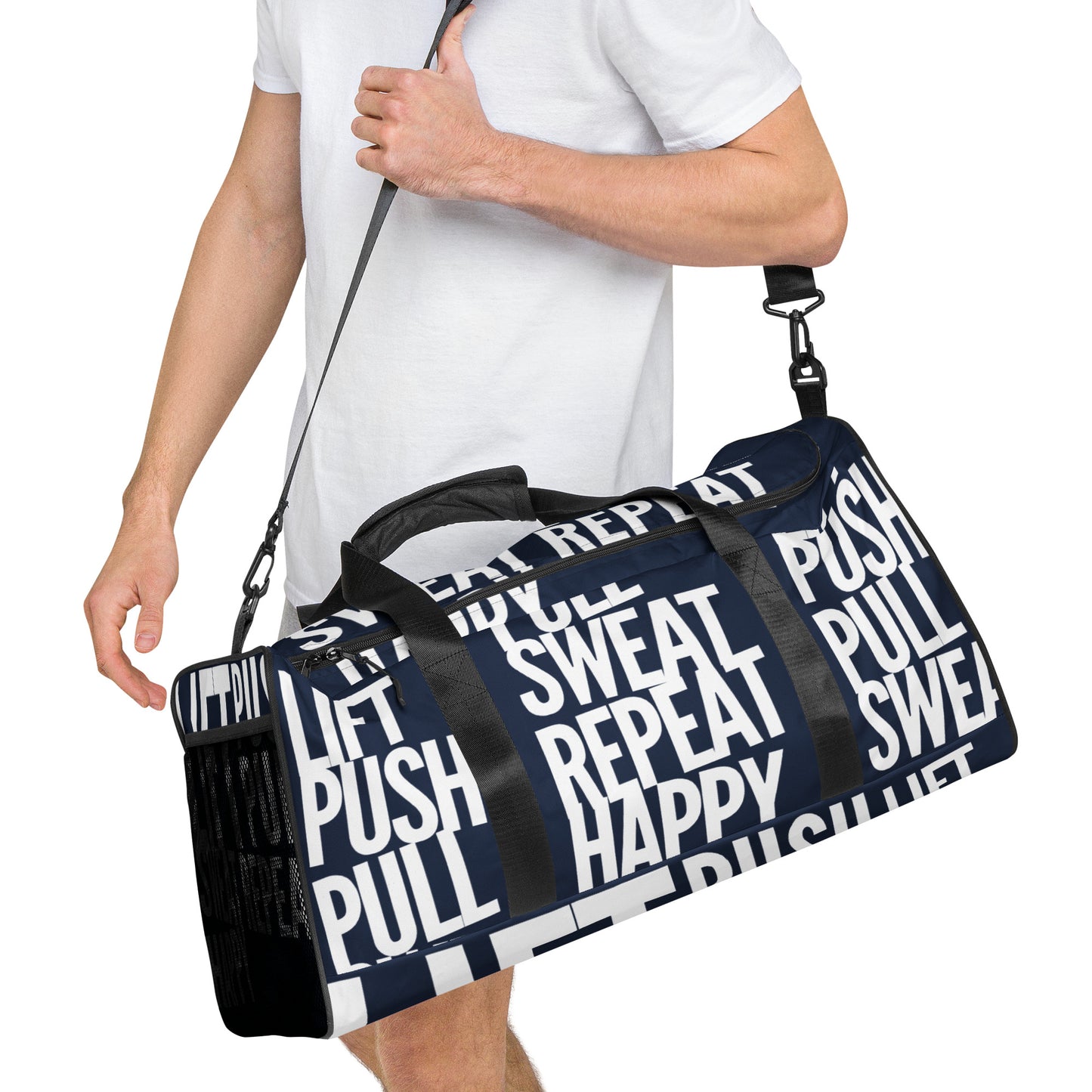 Duffle bag Lift Push Pull Sweat Repeat Happy all over print in navy blue with white gym bag HappyStuff Brand Side view hanging on mans left shoulder