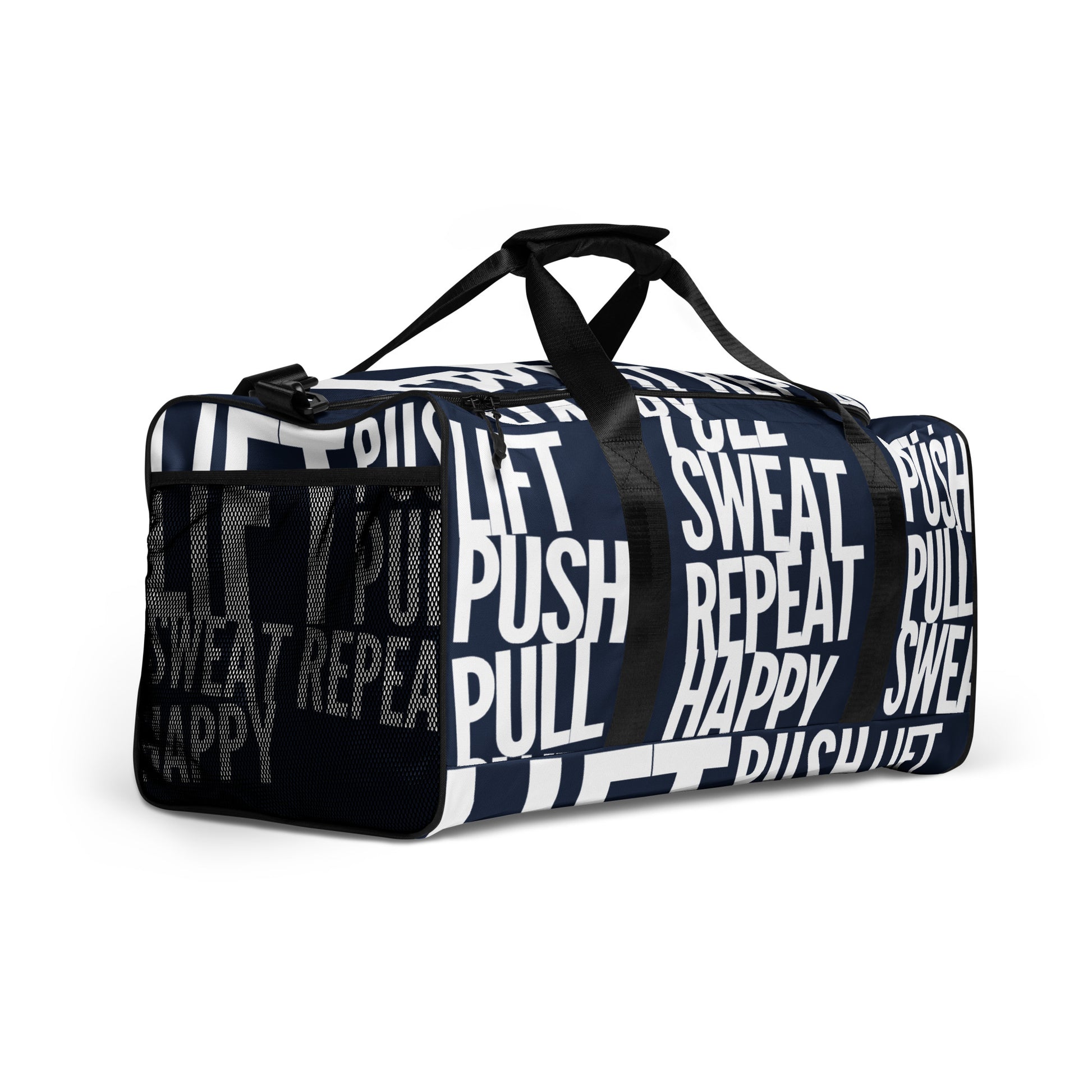 Duffle bag Lift Push Pull Sweat Repeat Happy all over print navy blue and white gym bag mesh outer pocket padded handles side angle HappyStuff Brand