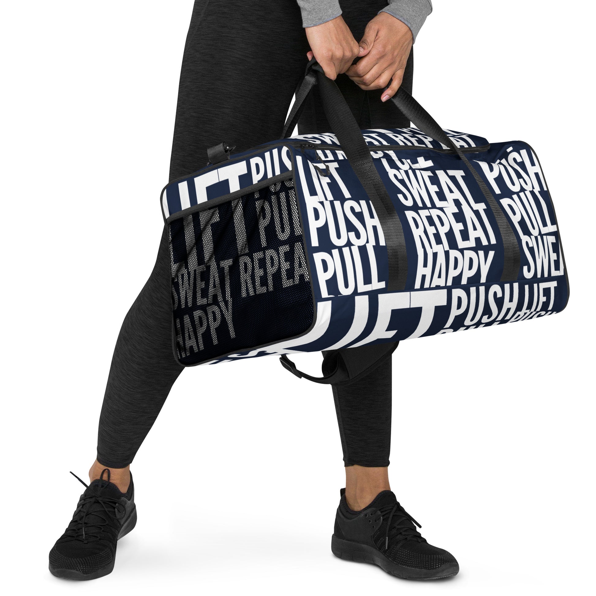 Hands carrying Duffle bag Lift Push Pull Sweat Repeat Happy all over print navy blue and white gym bag padded handles HappyStuff Brand