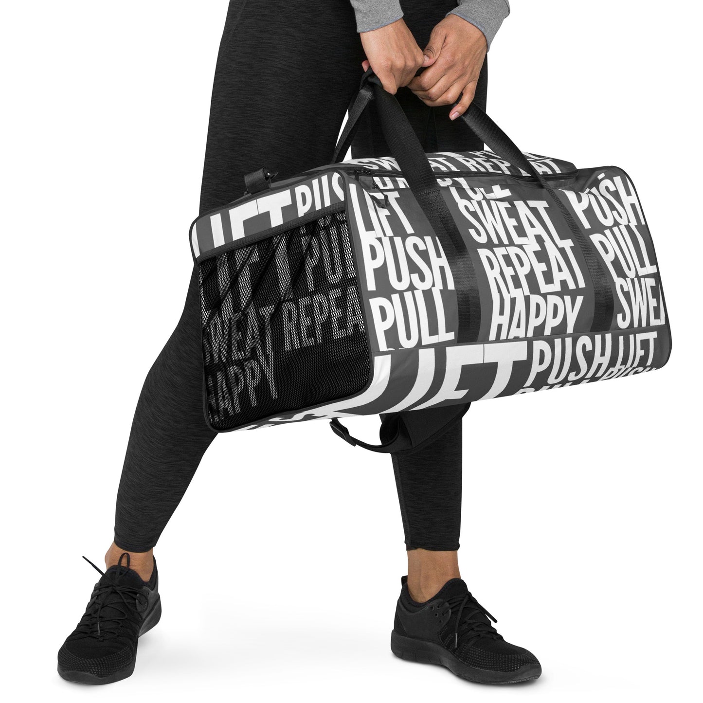 Hands carrying Duffle bag Lift Push Pull Sweat Repeat Happy all over print slate grey and white gym bag padded handles HappyStuff Brand