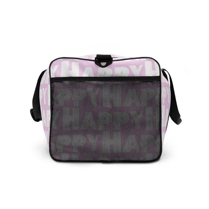 Duffle bag Happy sponge print black and white on pink water-resistant durable gym bag end view mesh outer pocket HappyStuff Brand